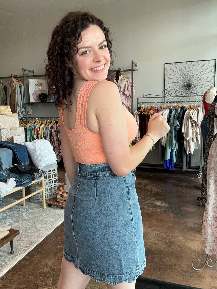 Scallop Button Front Denim Skirt - Mainstream Boutique