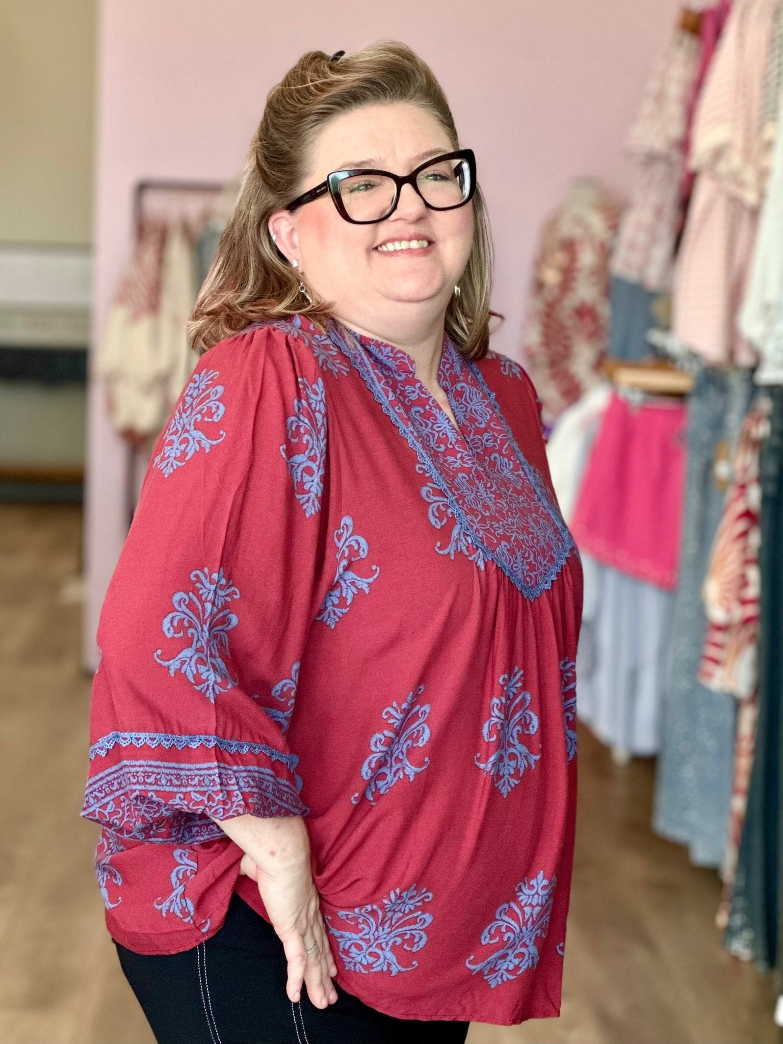 Plus Size Boho Printed Rayon Challis Blouse Top - Mainstream Boutique