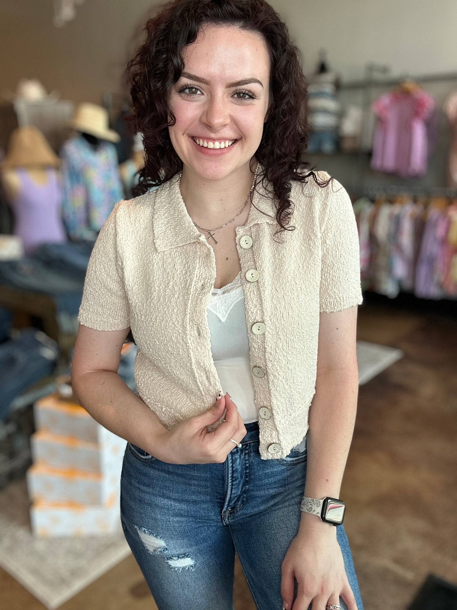 Textured Knit Collared Short Sleeve Cardigan - Mainstream Boutique