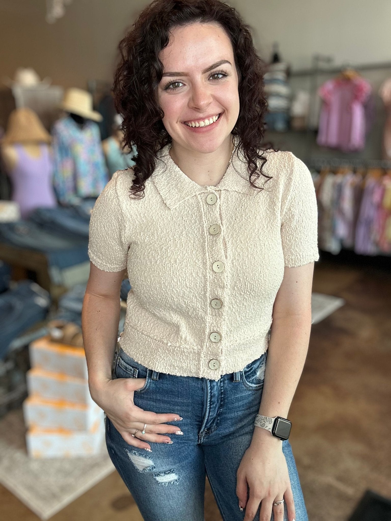 Textured Knit Collared Short Sleeve Cardigan - Mainstream Boutique