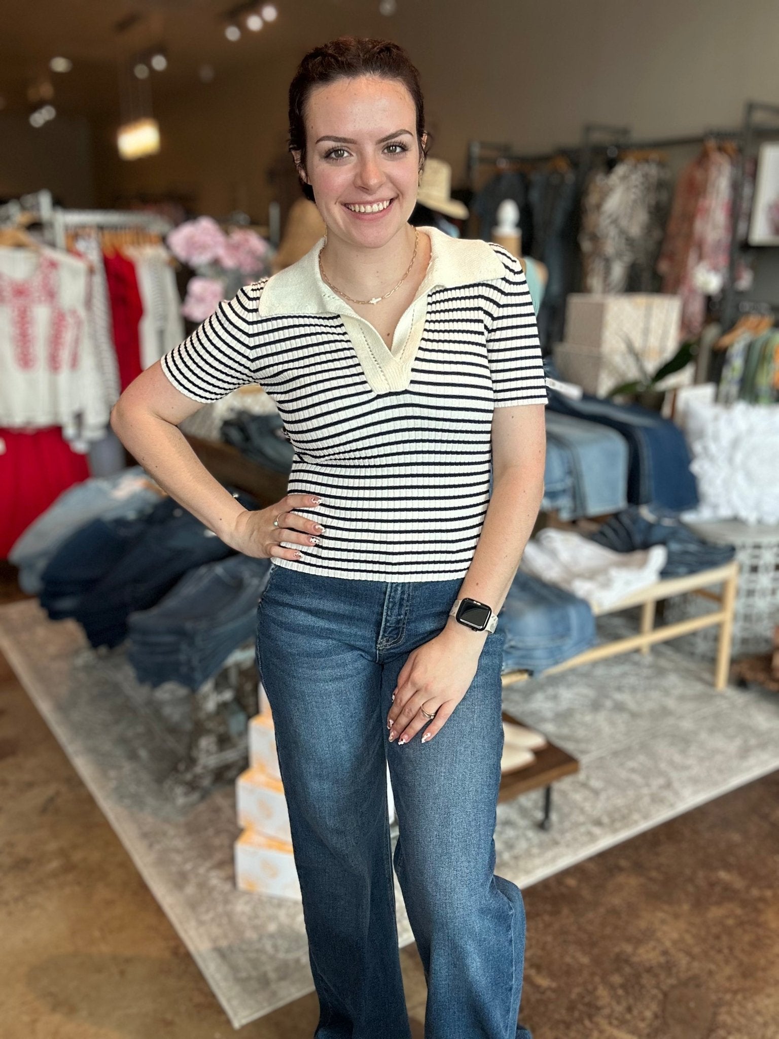 Striped Collared Cut - Out Detail Top - Mainstream Boutique
