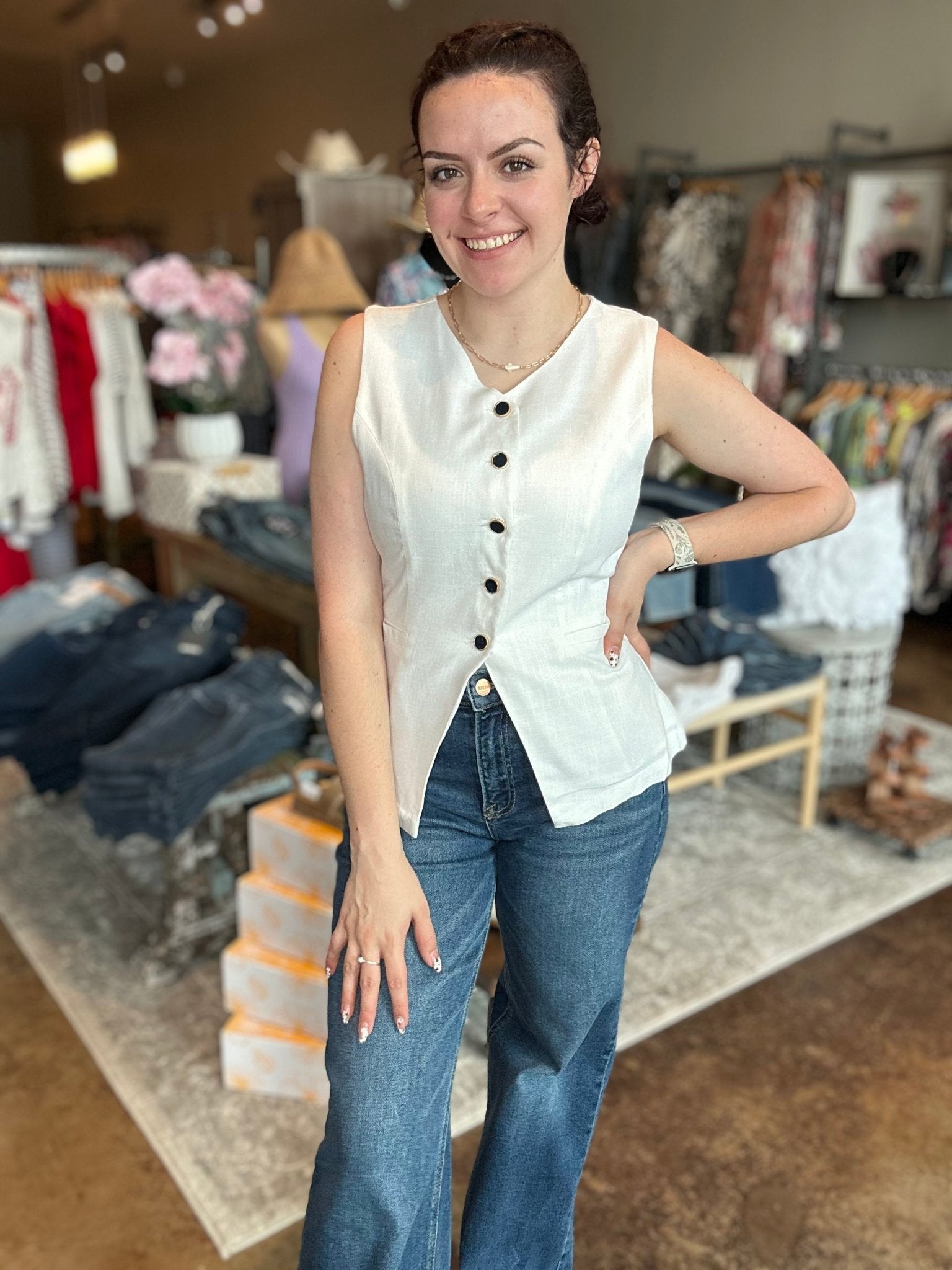 Button Down Long Line Linen Vest - Mainstream Boutique
