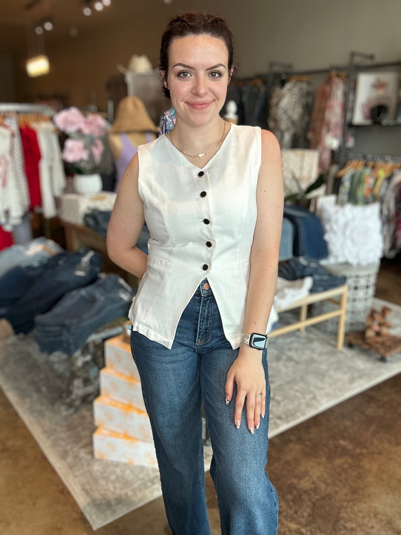 Button Down Long Line Linen Vest - Mainstream Boutique