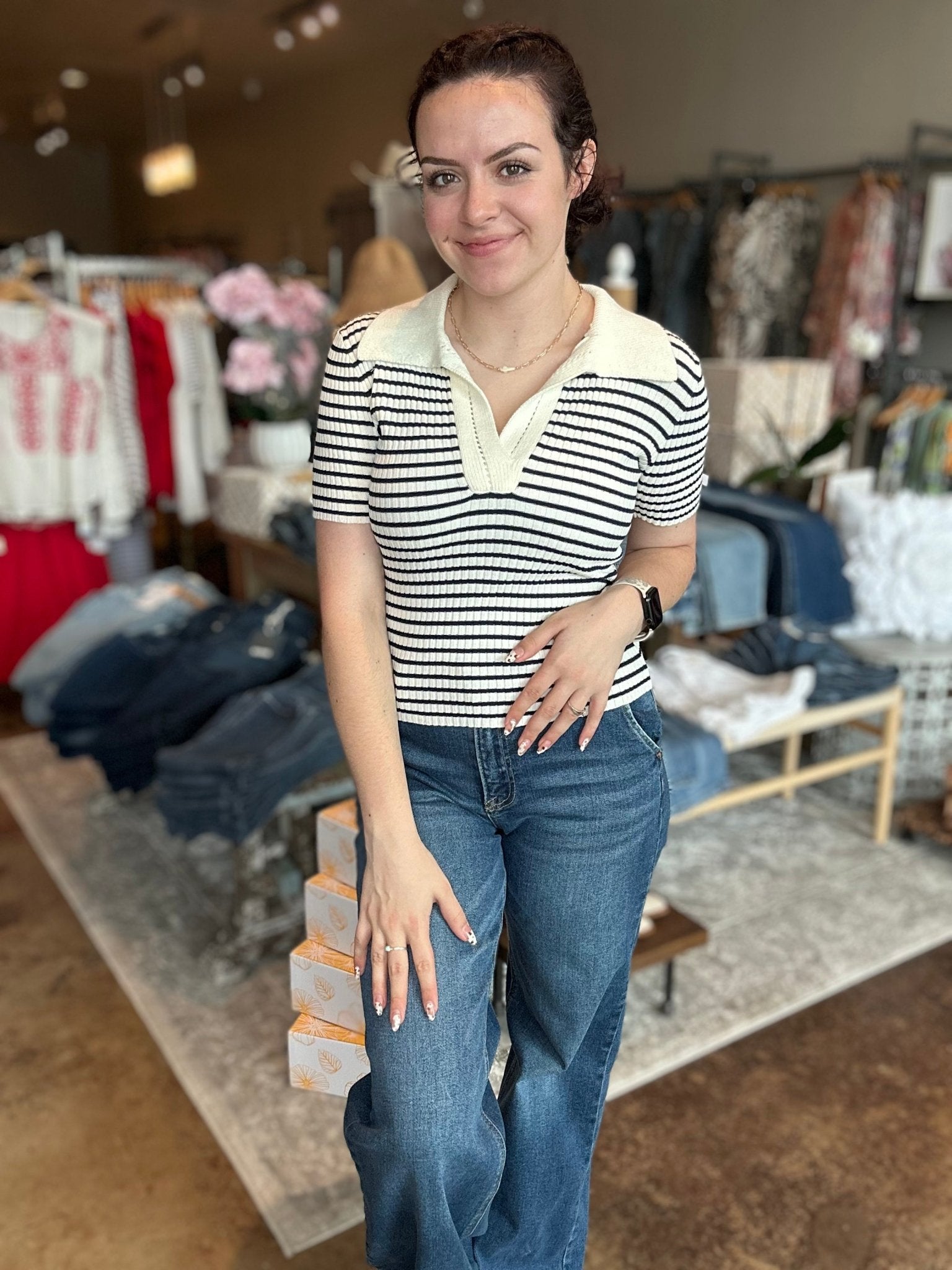 Striped Collared Cut - Out Detail Top - Mainstream Boutique