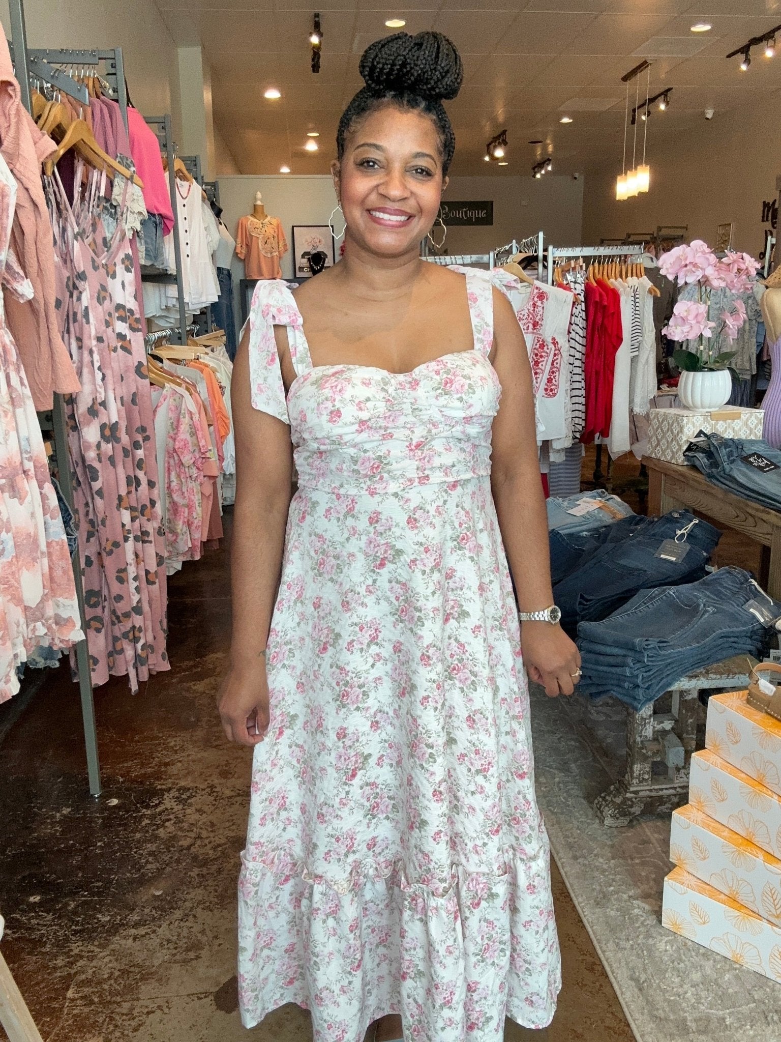 Floral Tie Strap Ruched Detail Maxi Dress - Mainstream Boutique