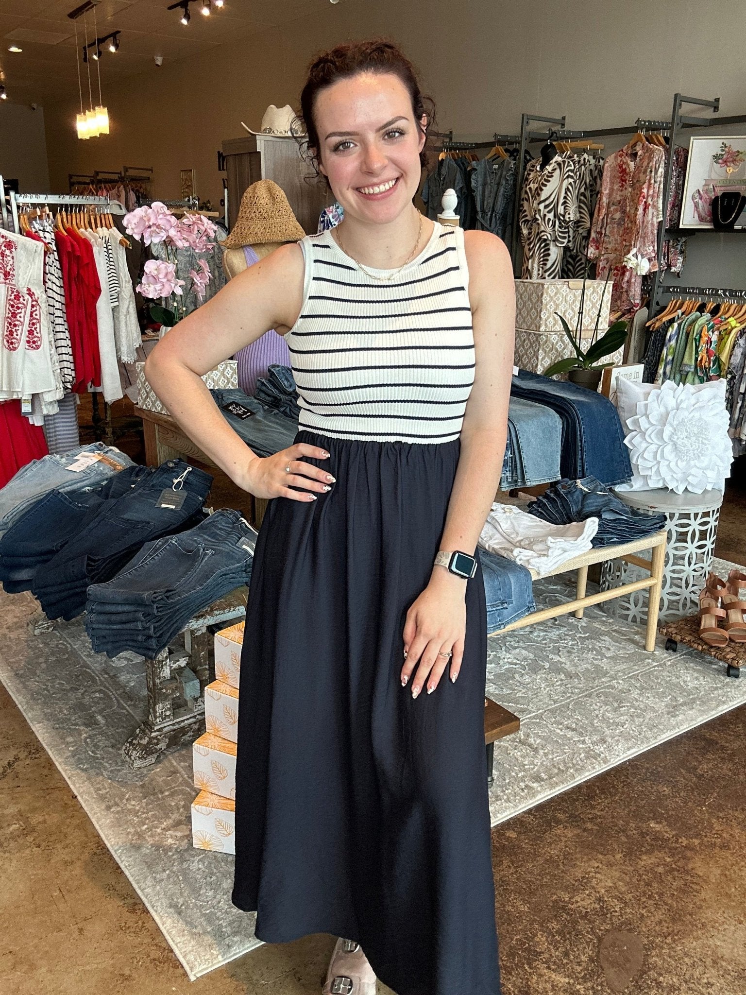 Striped Tank Sleeveless Mixed Media Dress - Mainstream Boutique