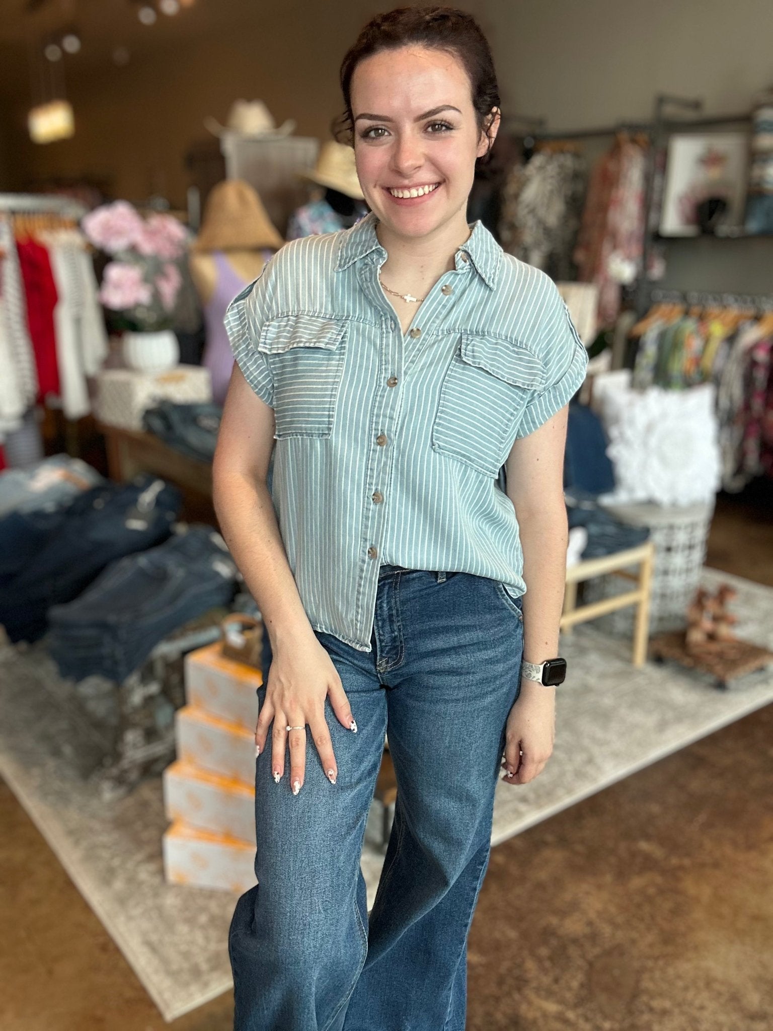Striped Button Down Tab Sleeve Shirt - Mainstream Boutique