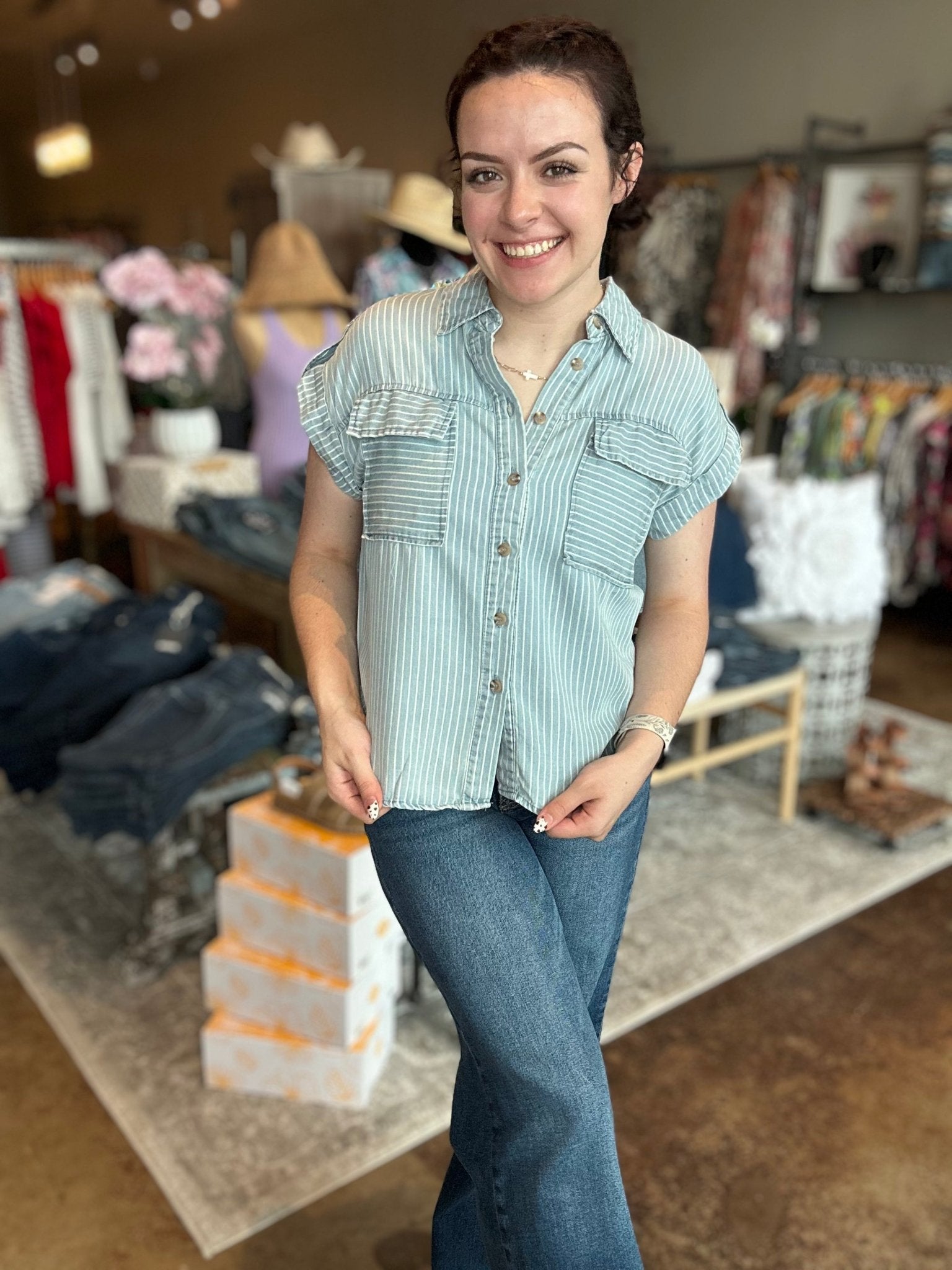 Striped Button Down Tab Sleeve Shirt - Mainstream Boutique