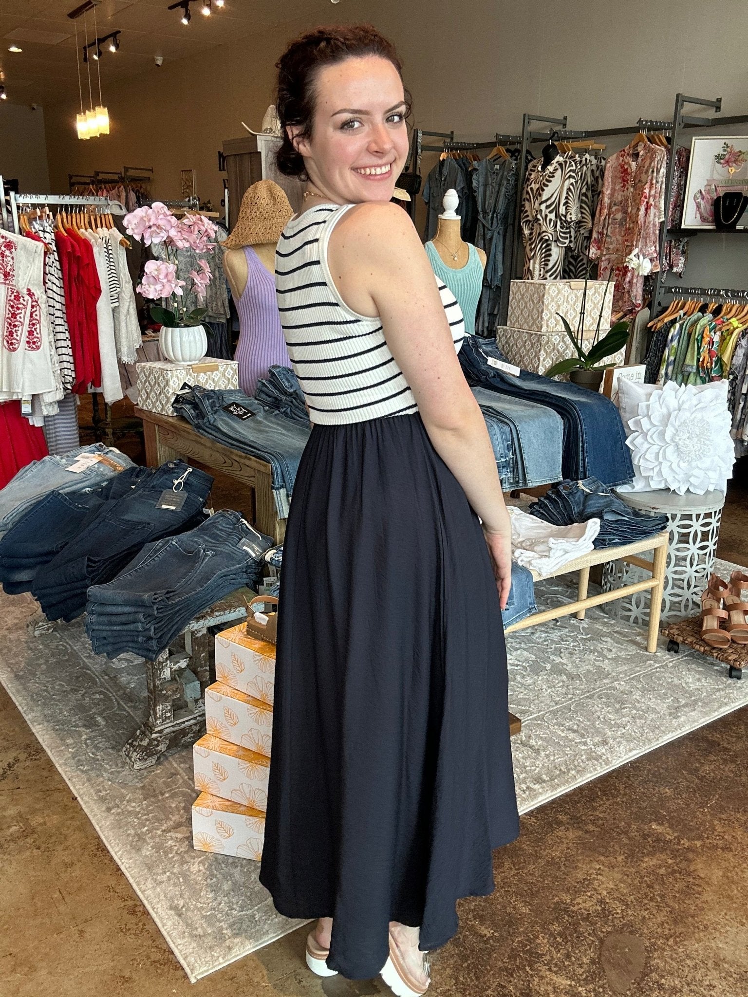 Striped Tank Sleeveless Mixed Media Dress - Mainstream Boutique