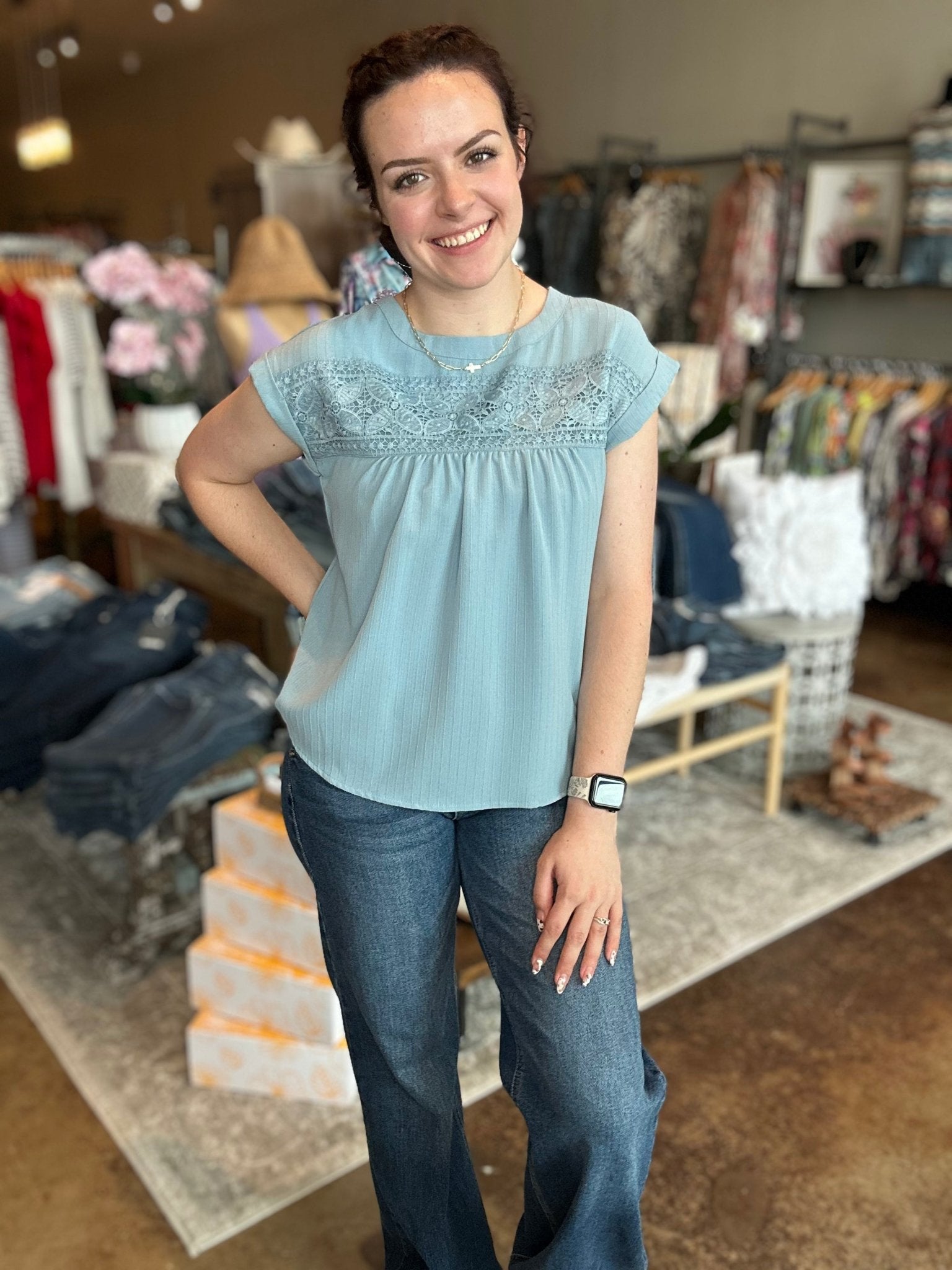 Floral Eyelet Lace Trim Back Button Top - Mainstream Boutique
