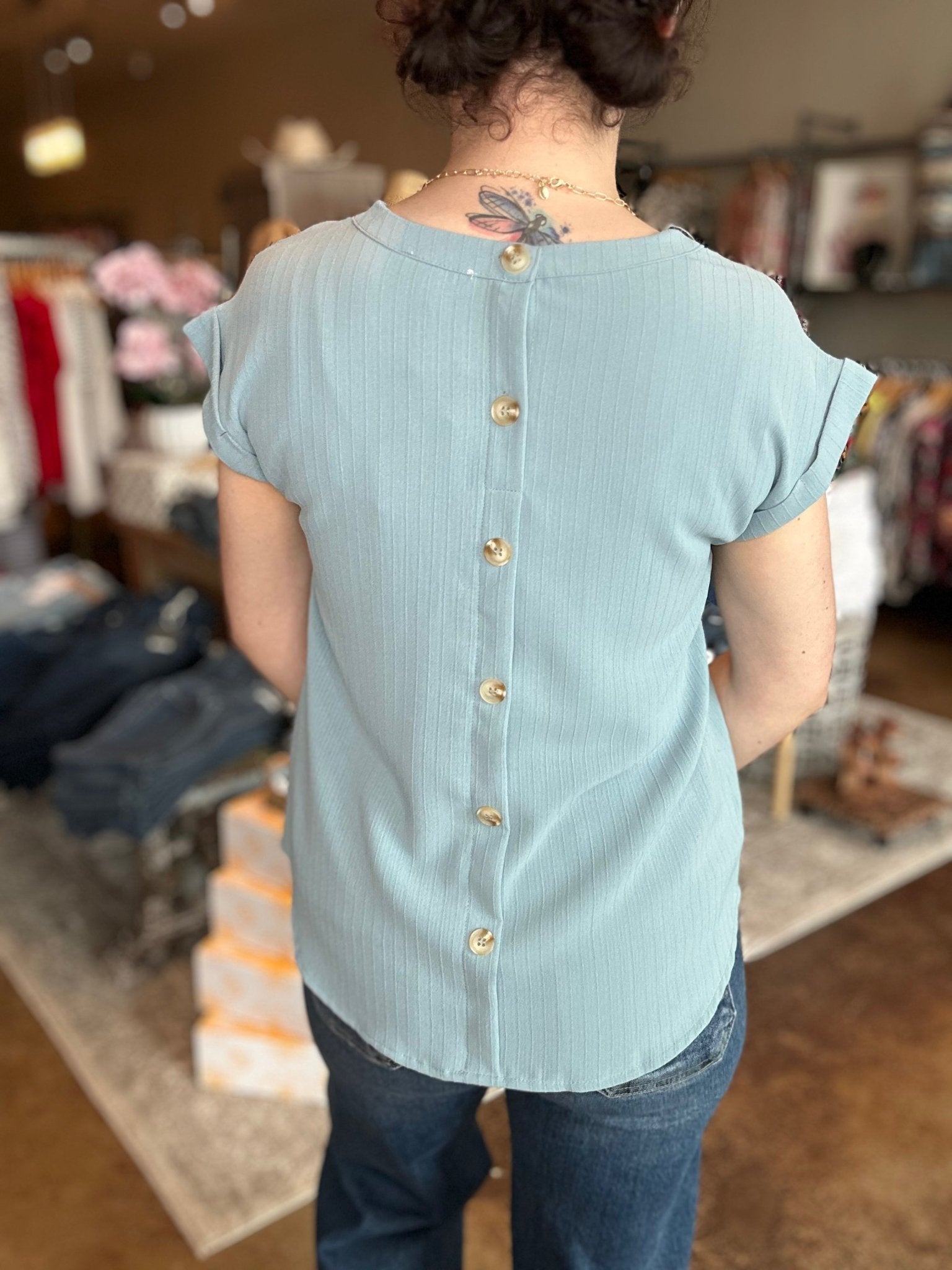 Floral Eyelet Lace Trim Back Button Top - Mainstream Boutique