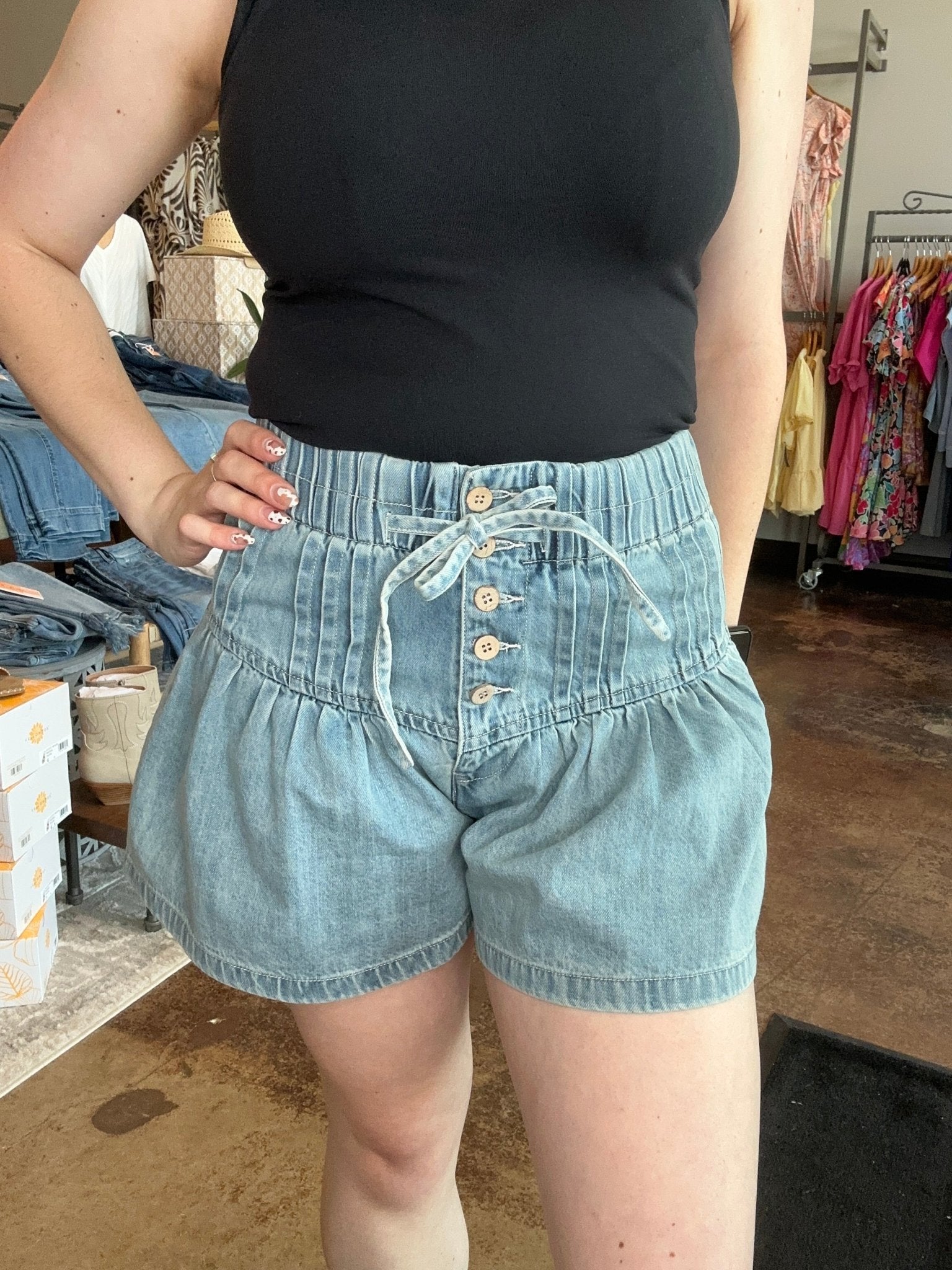 Flared Denim Shorts With Elastic Waist - Mainstream Boutique