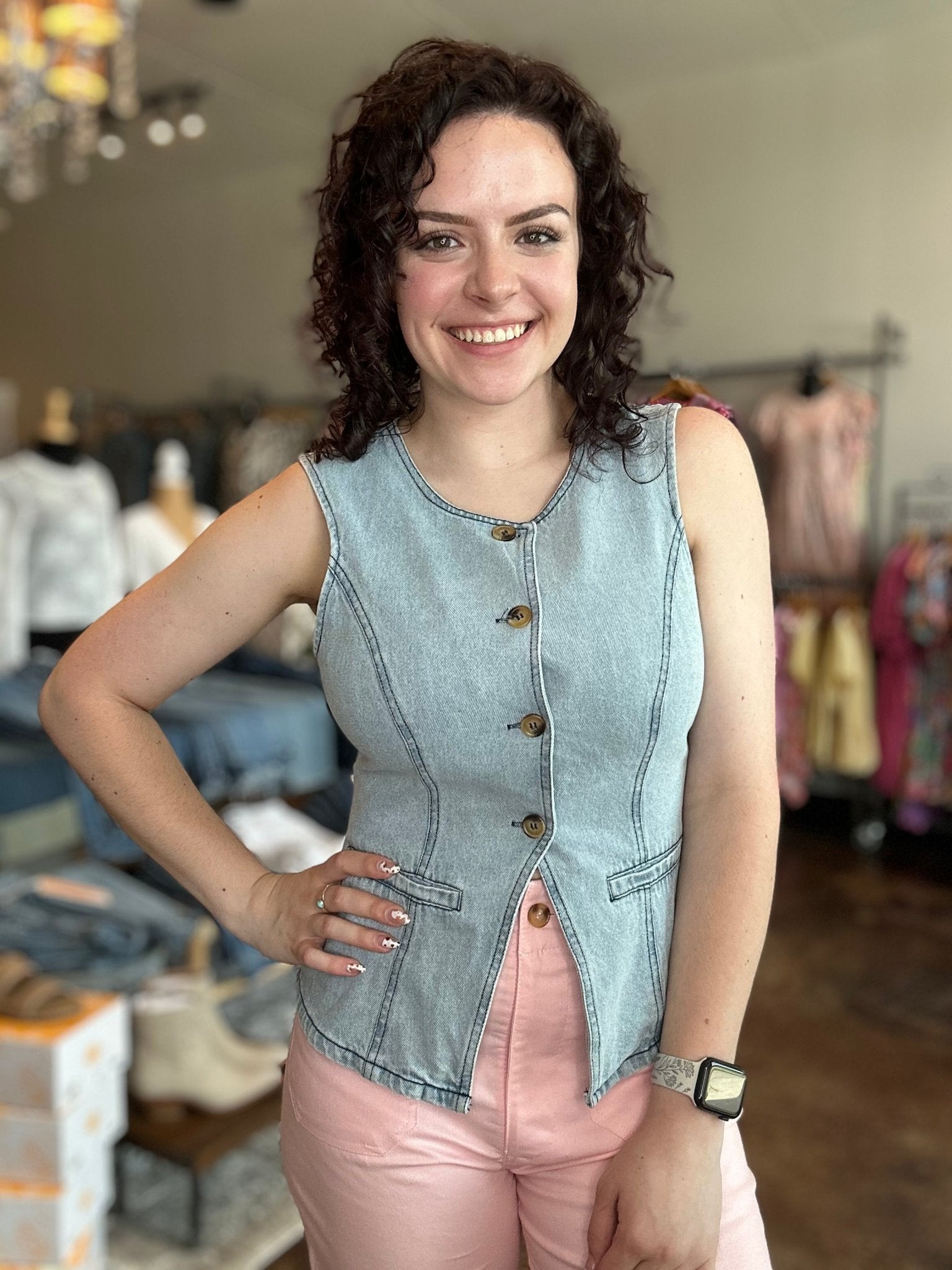 Slim Fit Denim Button - Down Vest - Mainstream Boutique