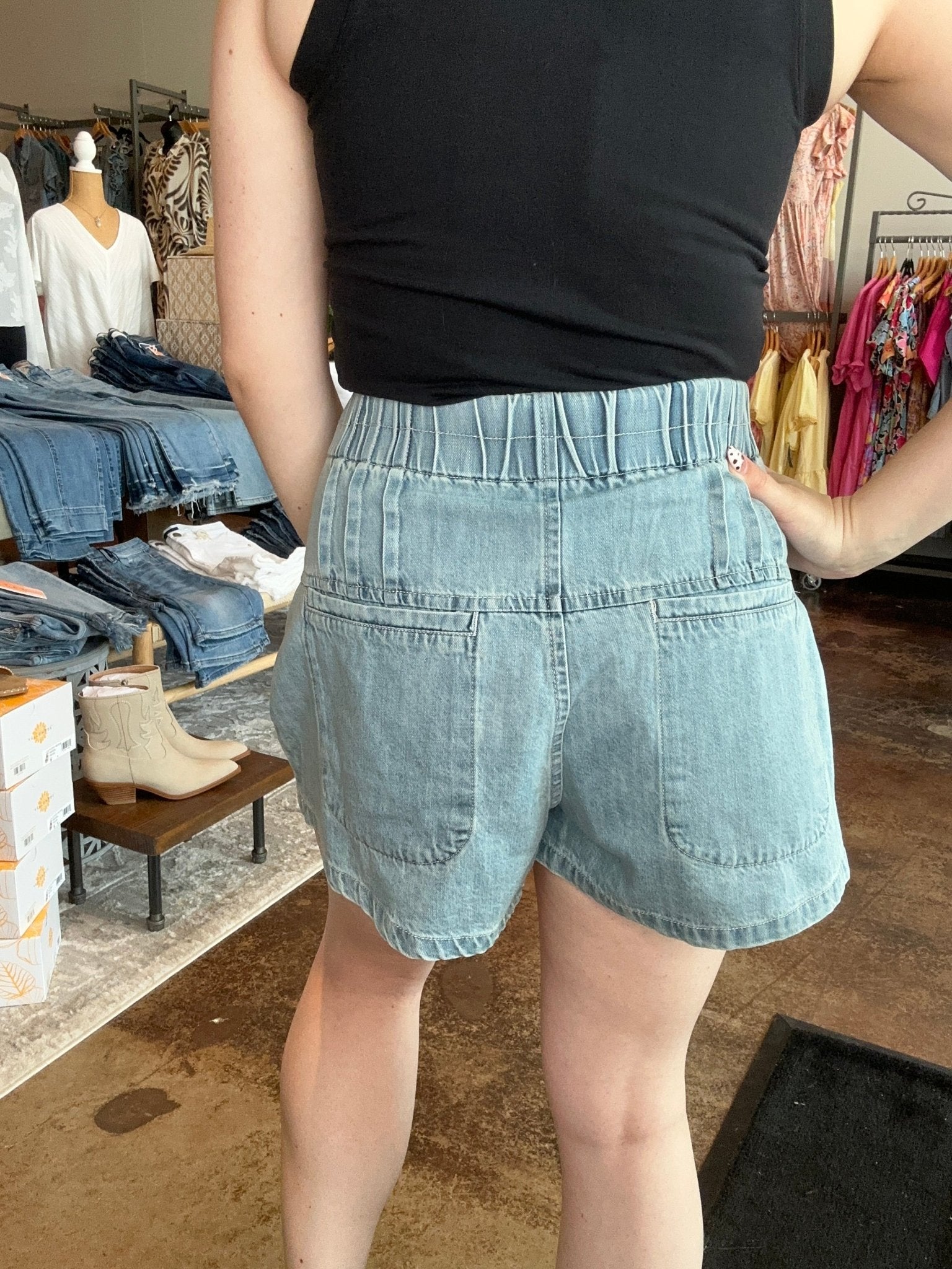 Flared Denim Shorts With Elastic Waist - Mainstream Boutique