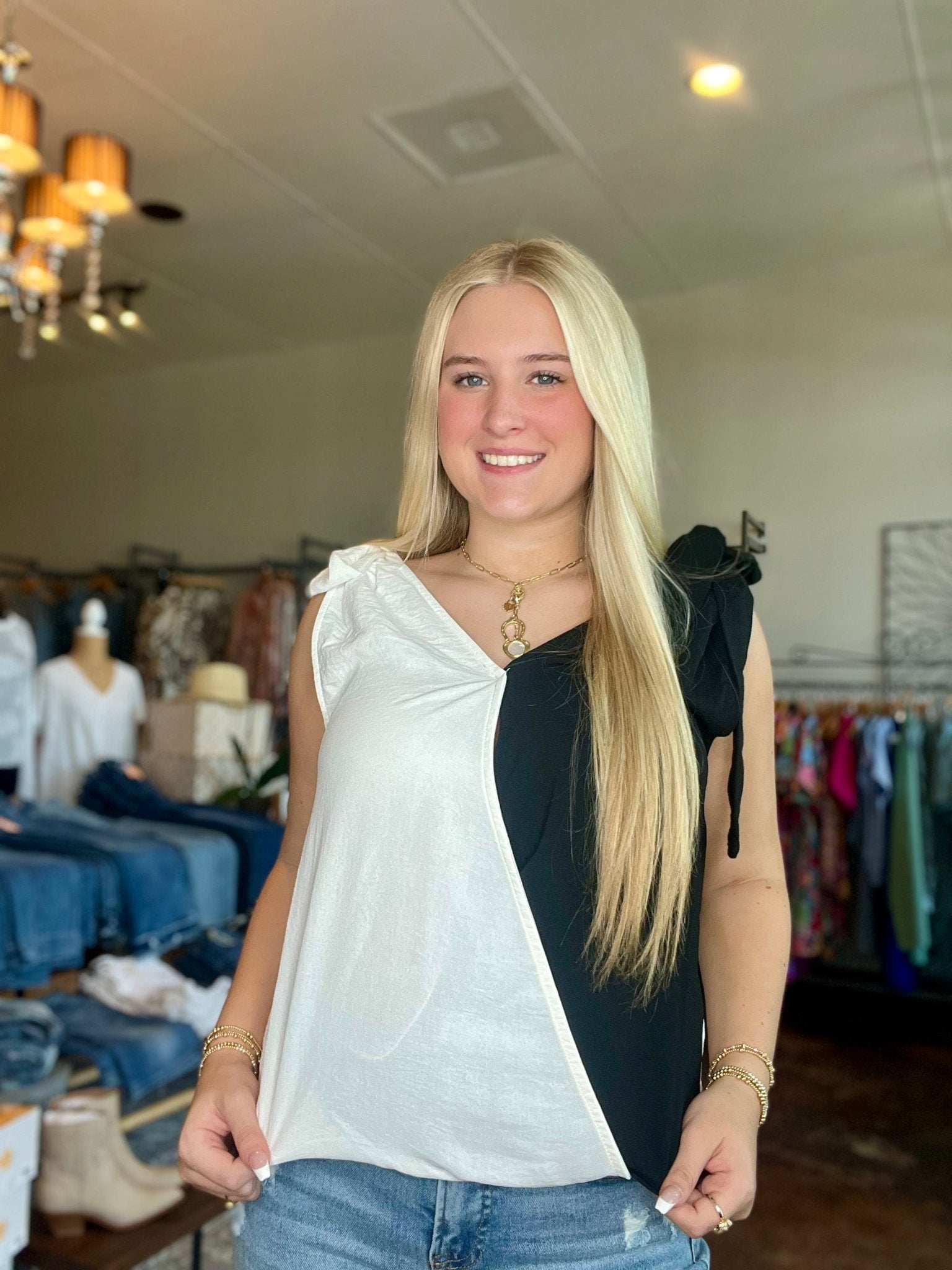 Color Block Top With Ribbon Tie Straps - Mainstream Boutique