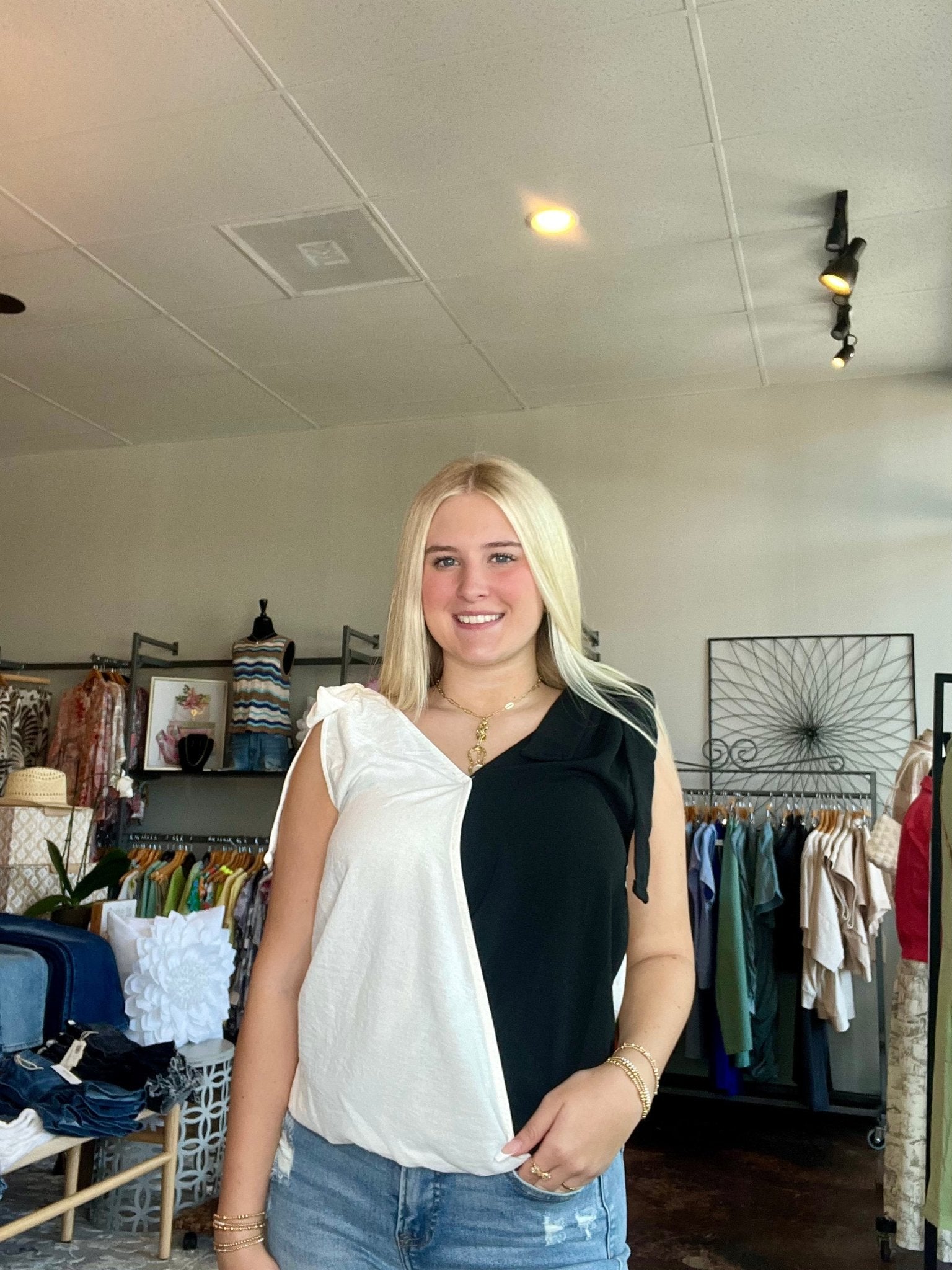Color Block Top With Ribbon Tie Straps - Mainstream Boutique