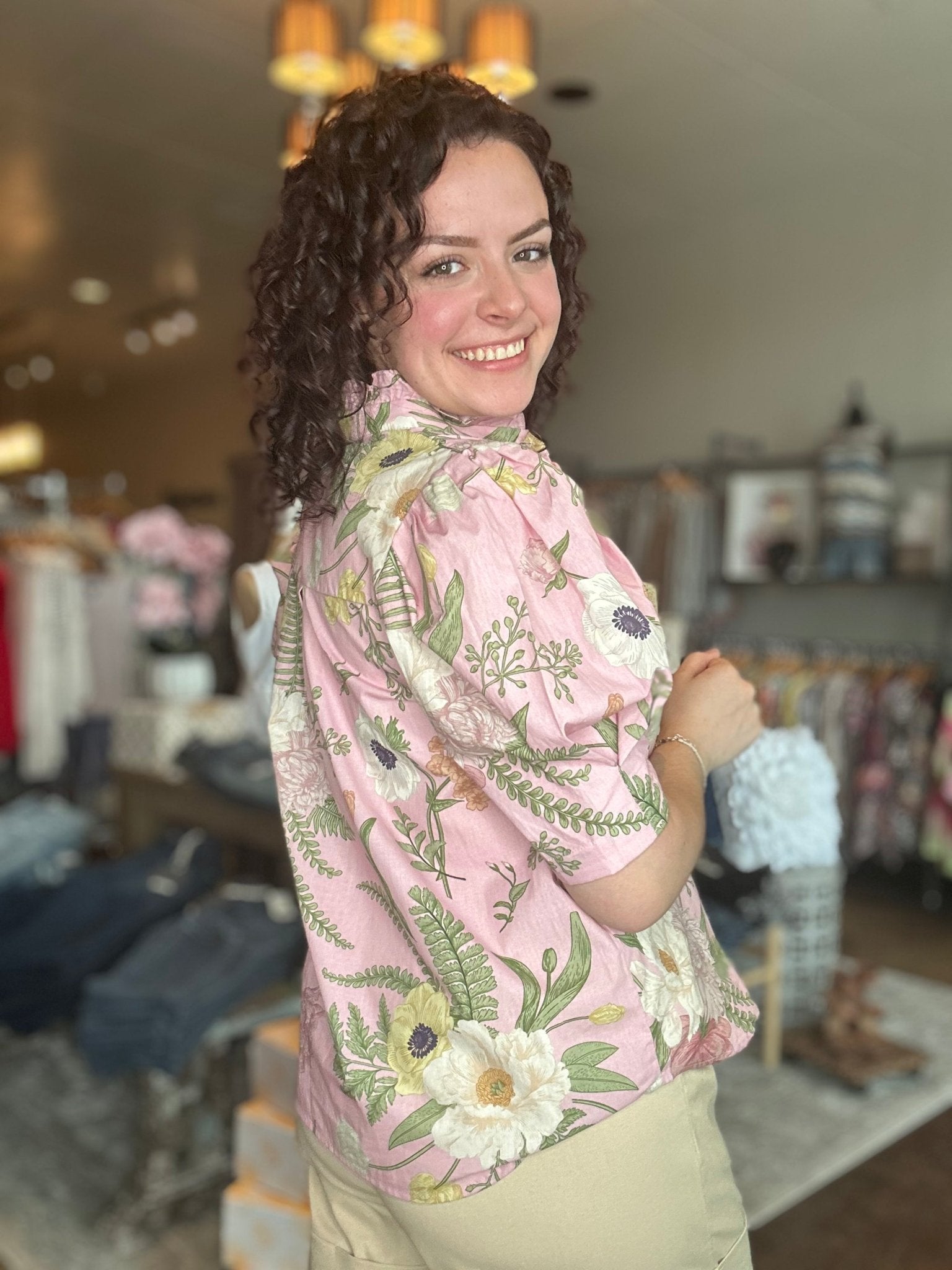 Floral Pleated Sleeve Button - Up Top - Mainstream Boutique