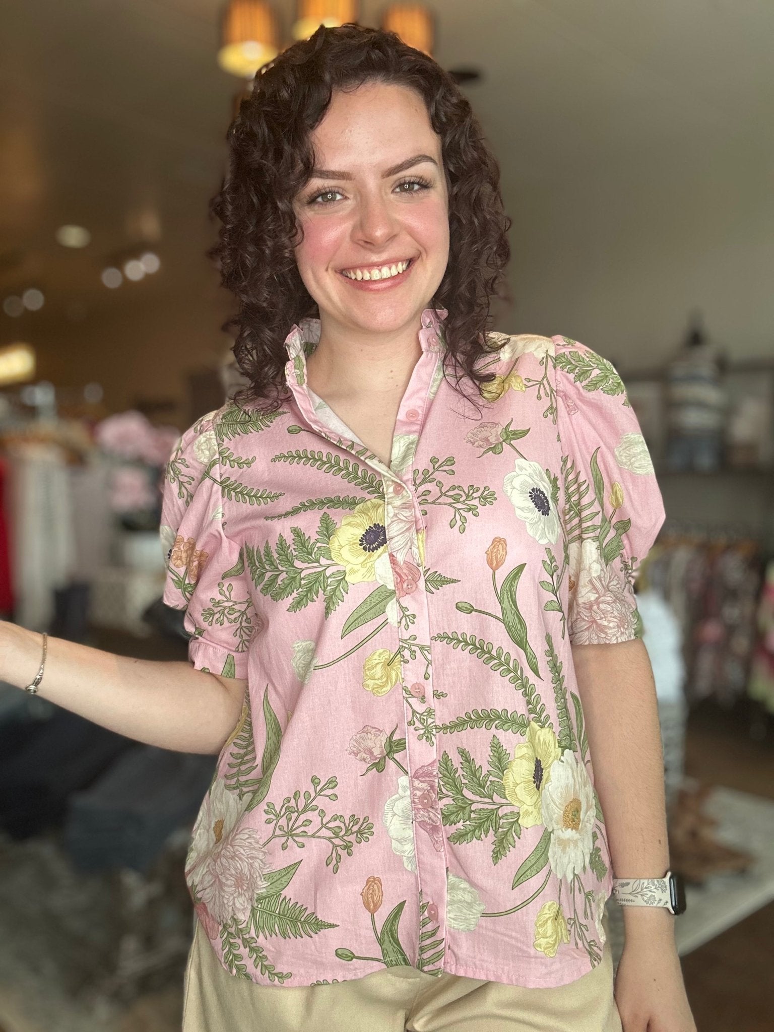 Floral Pleated Sleeve Button - Up Top - Mainstream Boutique