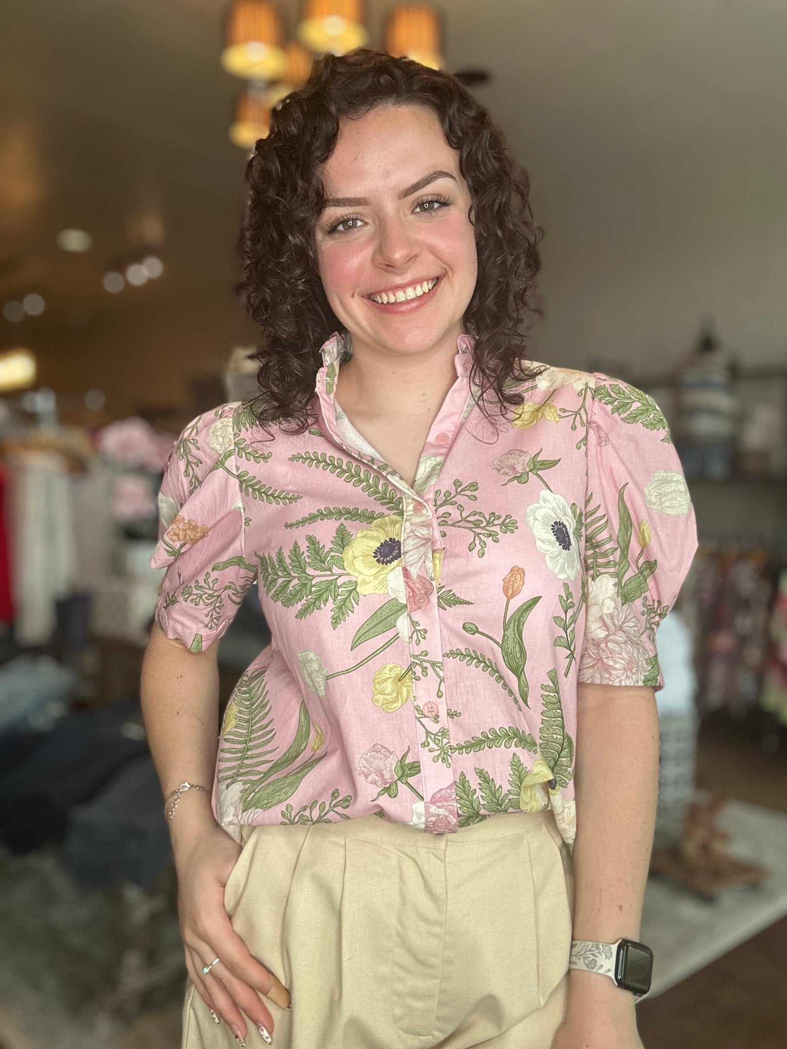 Floral Pleated Sleeve Button - Up Top - Mainstream Boutique