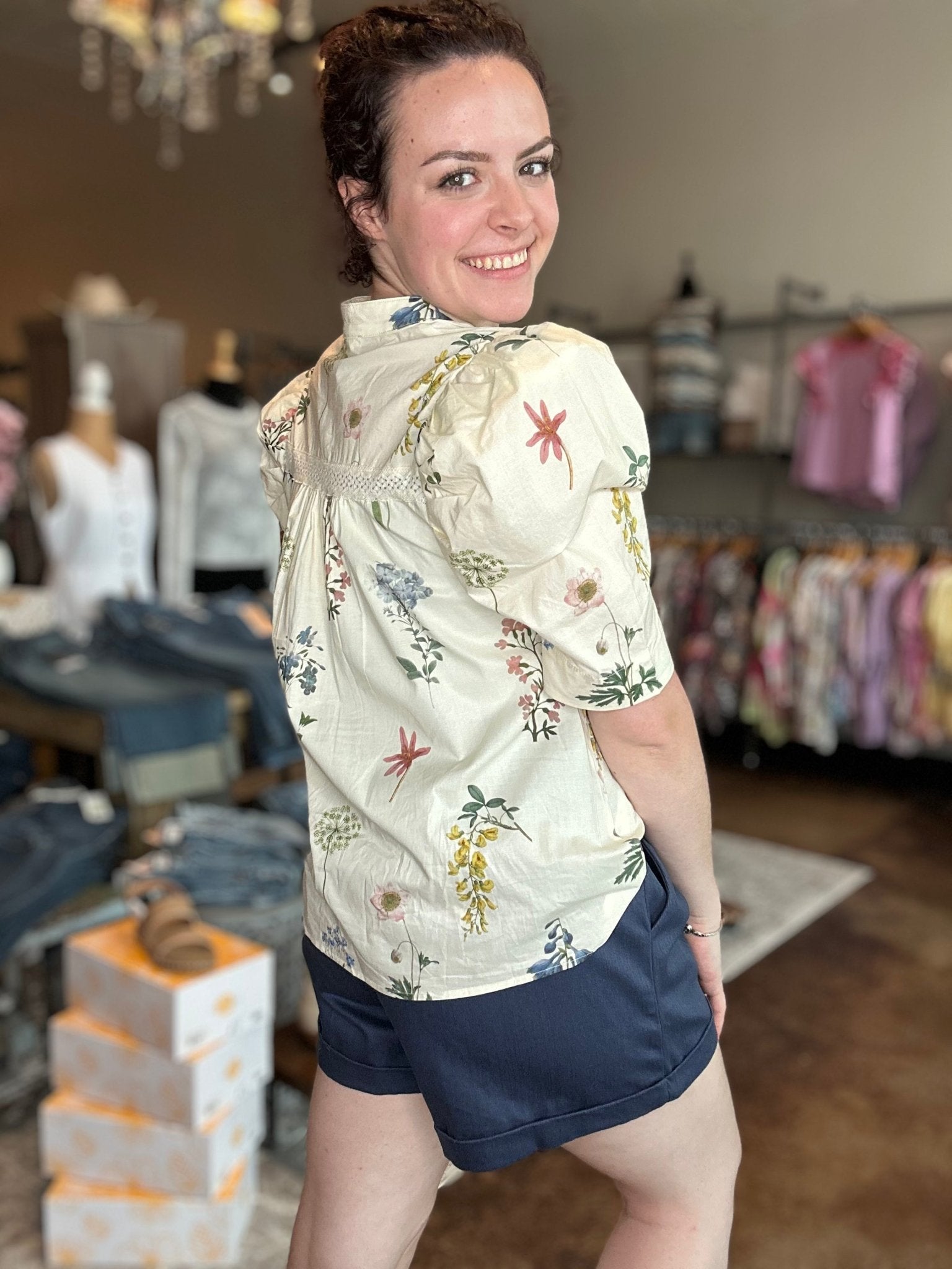 Short Puff Sleeve Floral Button - Up Top - Mainstream Boutique