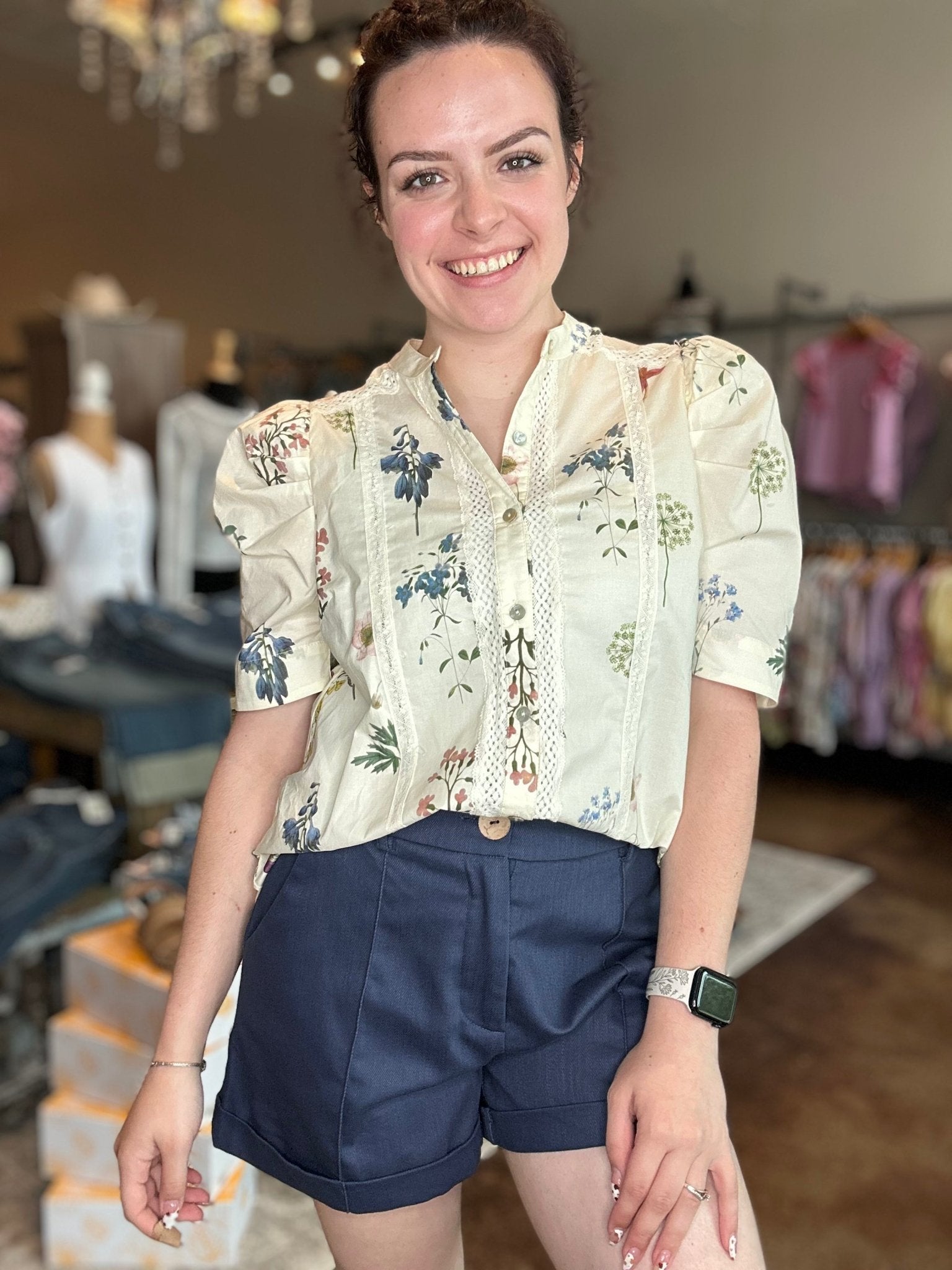 Short Puff Sleeve Floral Button - Up Top - Mainstream Boutique