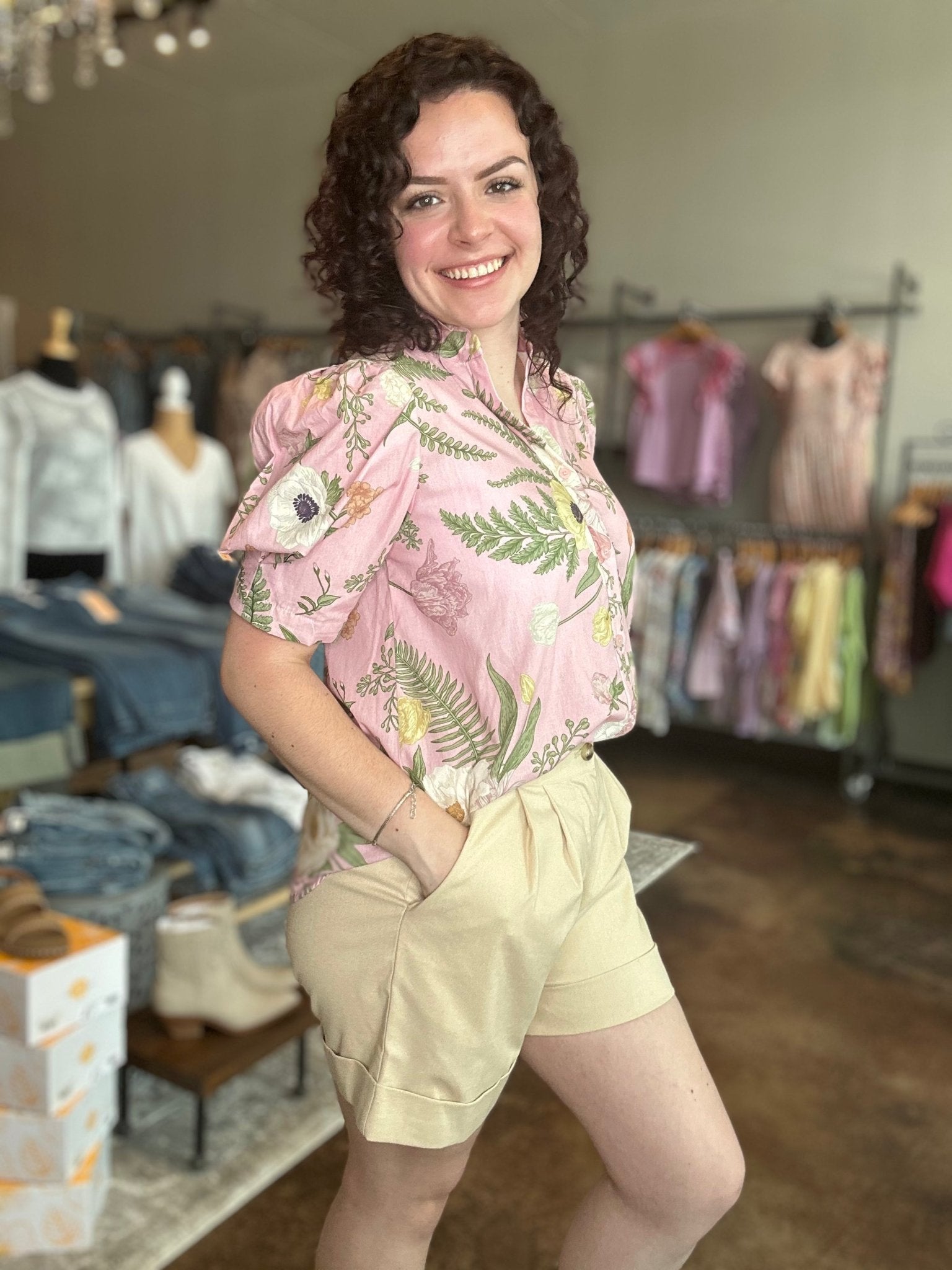 Floral Pleated Sleeve Button - Up Top - Mainstream Boutique