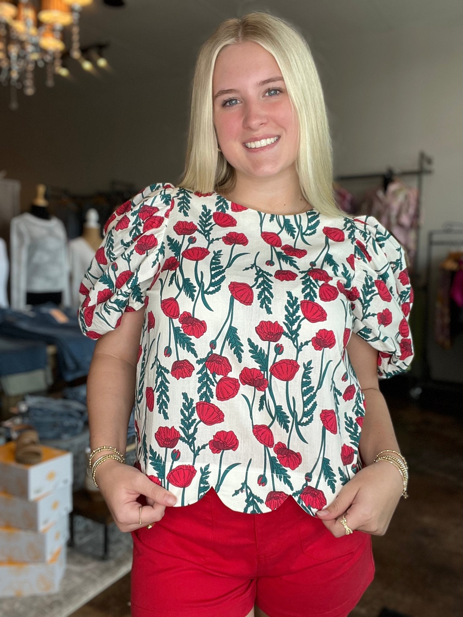 Floral Scallop Hem Top With Oversized Drape Sleeve - Mainstream Boutique