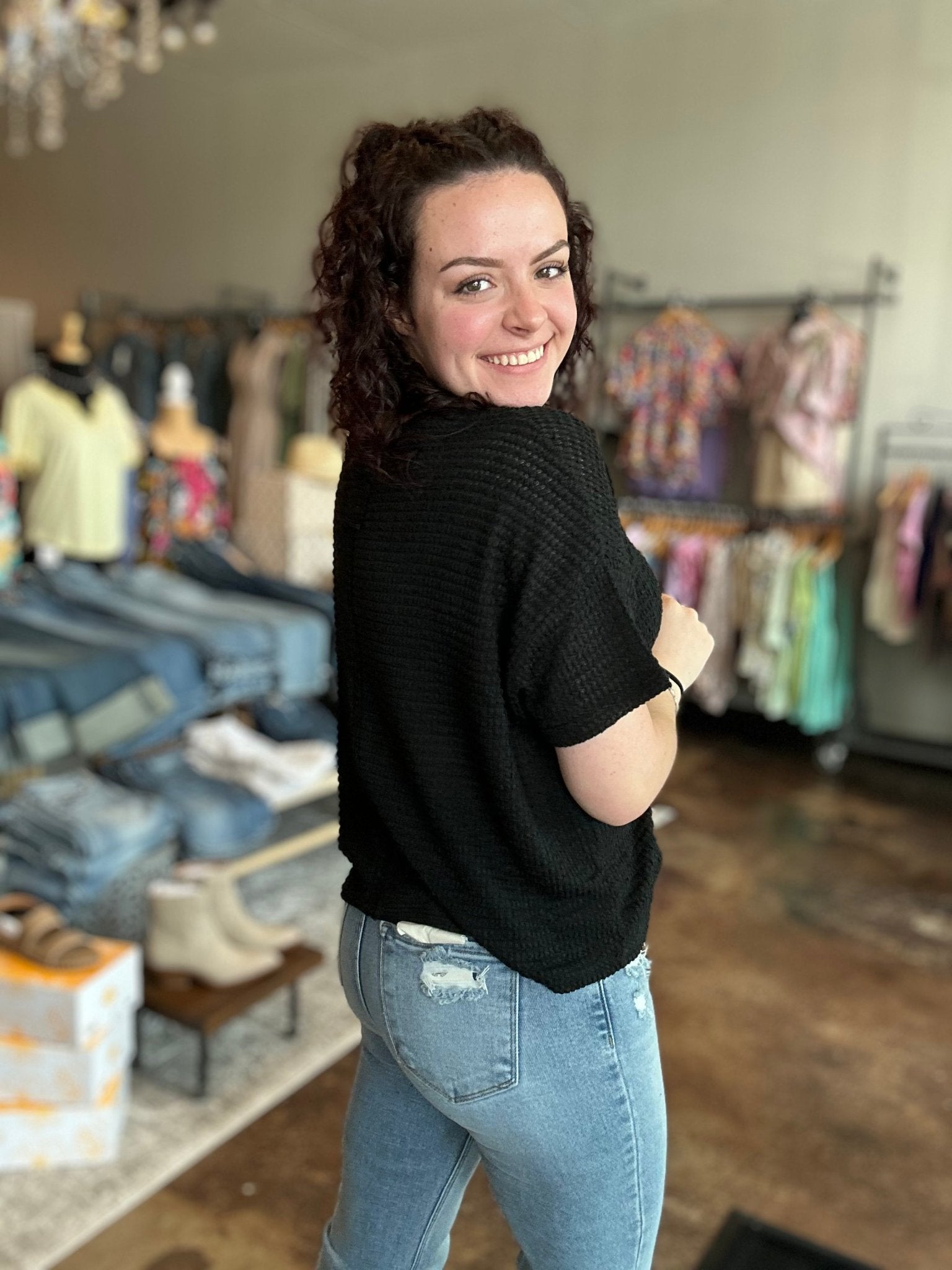 Drop Shoulder Short Sleeve Jacquard Sweater - Mainstream Boutique
