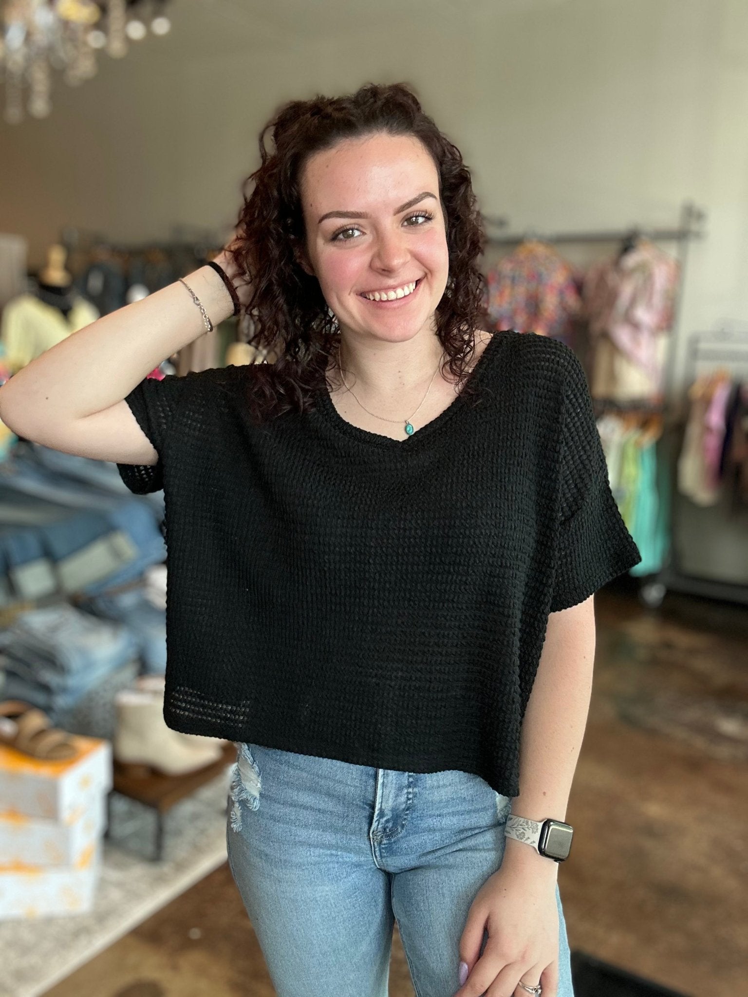 Drop Shoulder Short Sleeve Jacquard Sweater - Mainstream Boutique