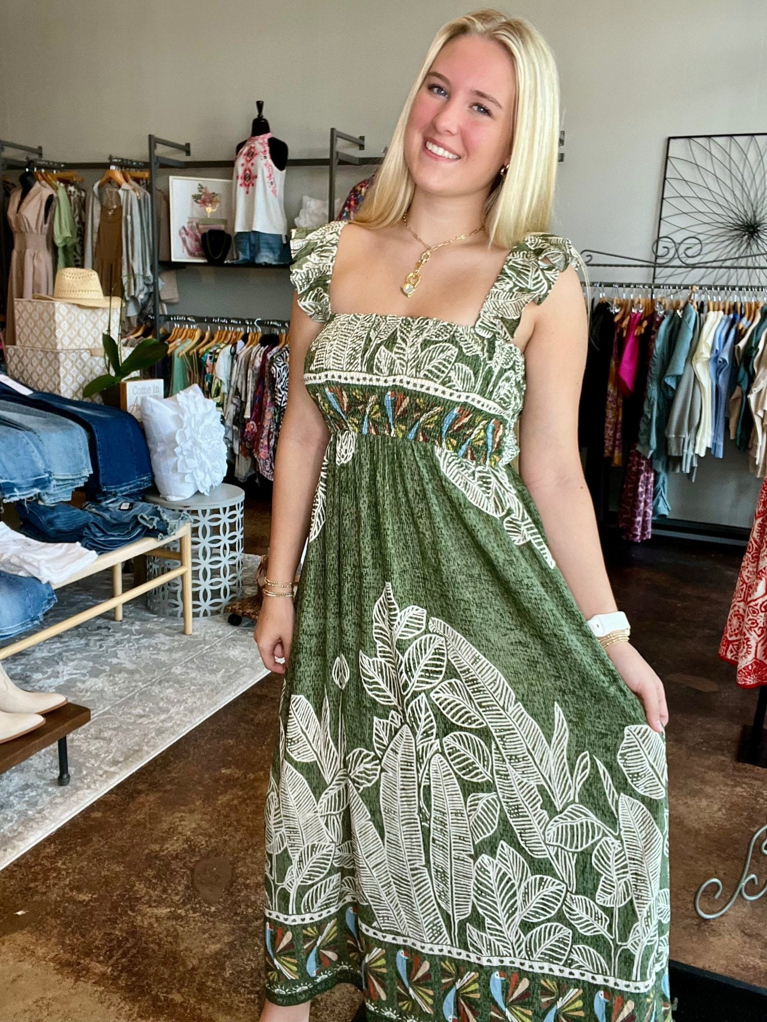 Palm And Parrot Print Midi Dress - Mainstream Boutique