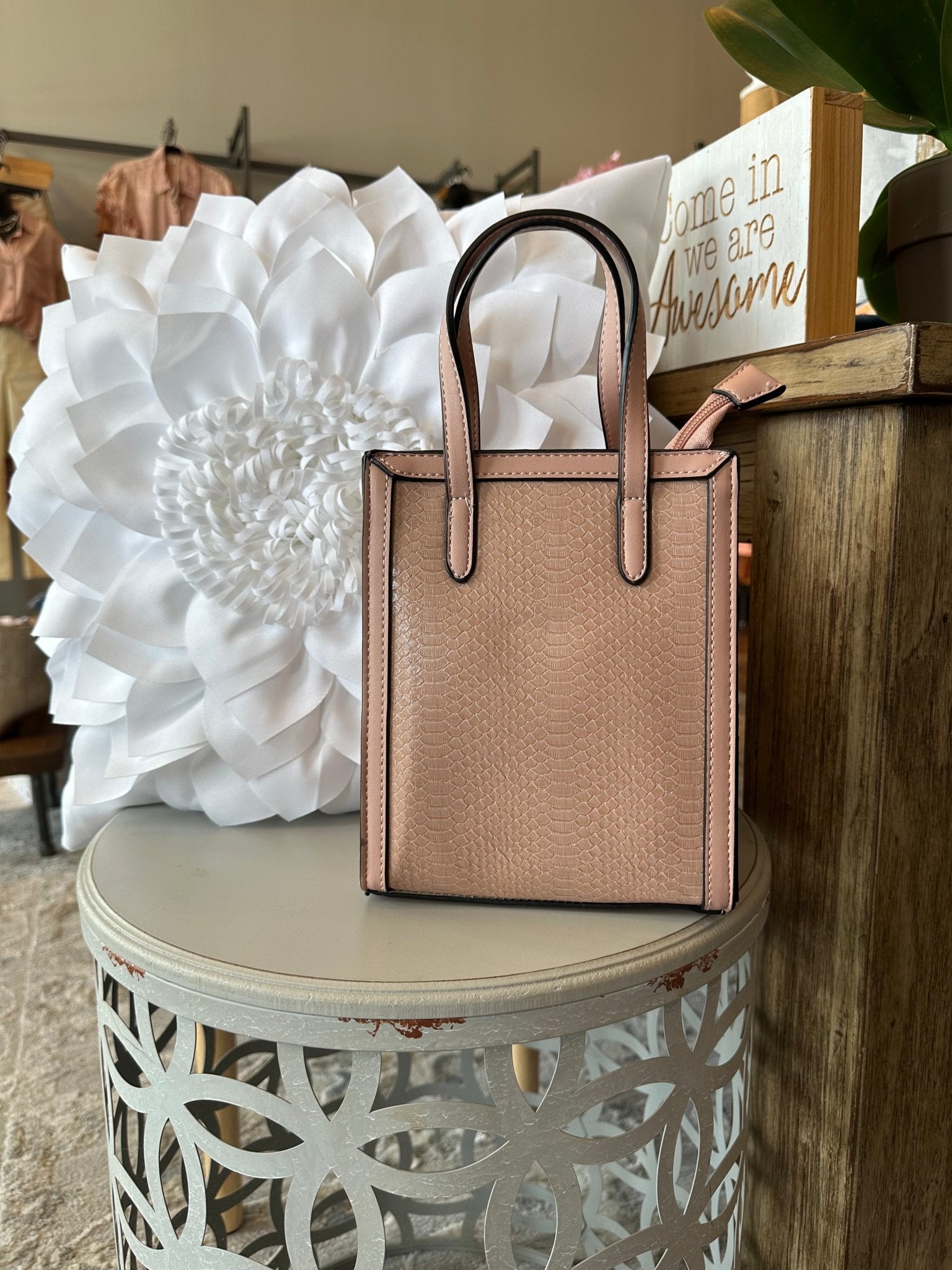 Snakeskin Textured Satchel - Mainstream Boutique