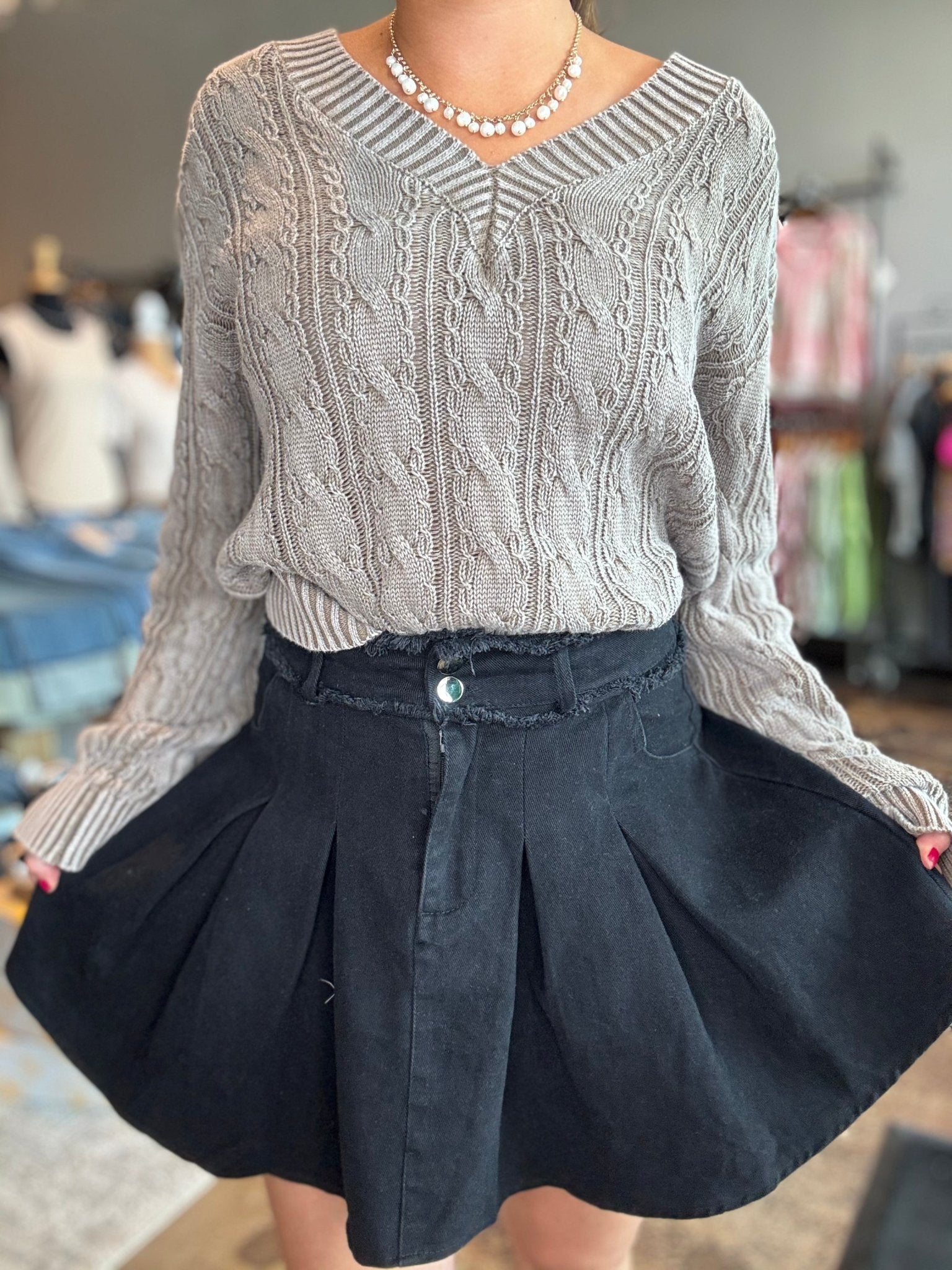 Pleated Washed Denim Skirt - Mainstream Boutique