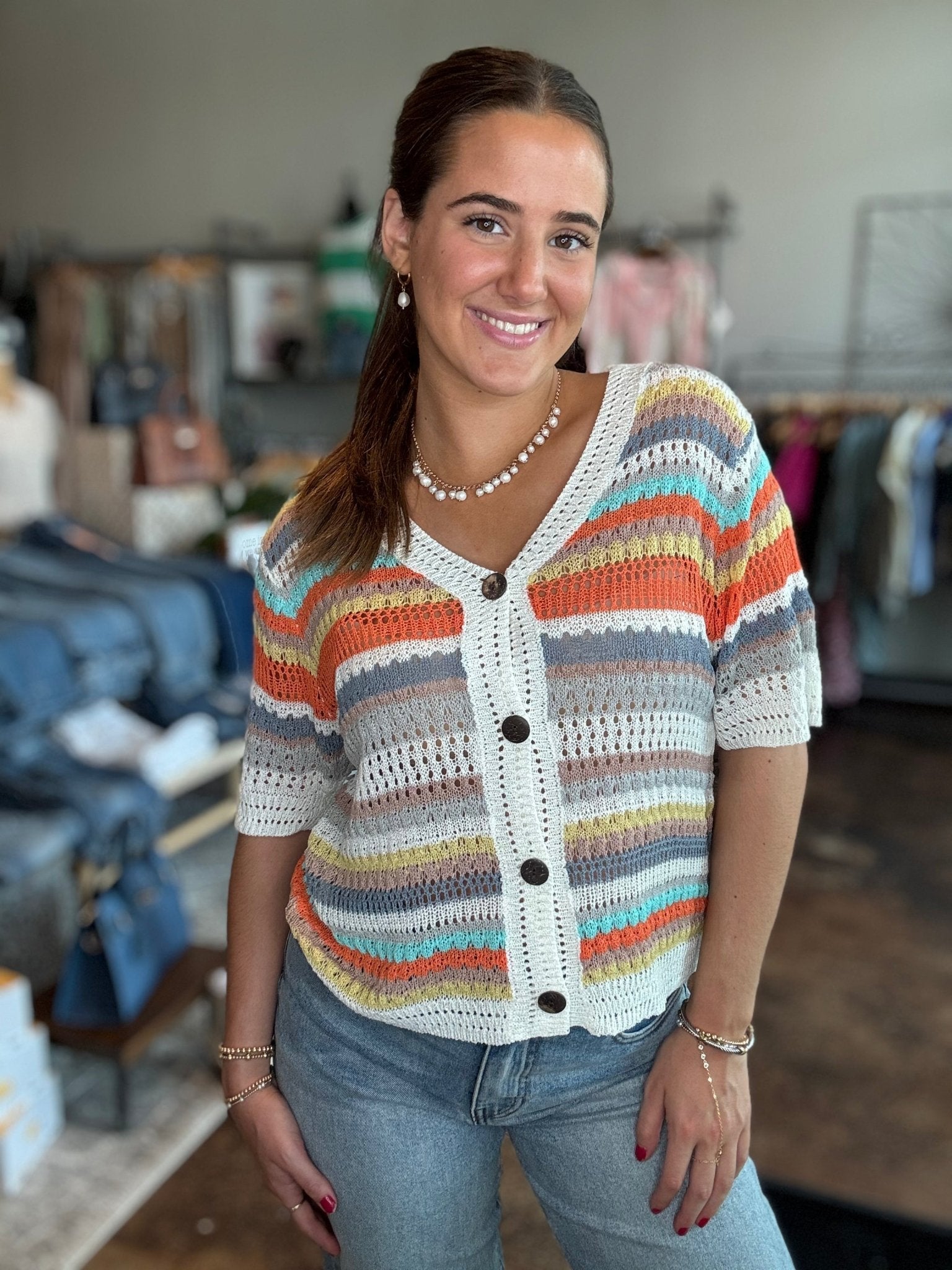 Mixed Weave Striped Short Sleeve Cardigan - Mainstream Boutique