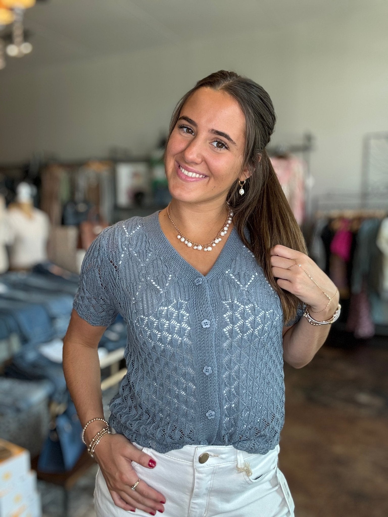 Short Sleeve Crochet Knit Top - Mainstream Boutique