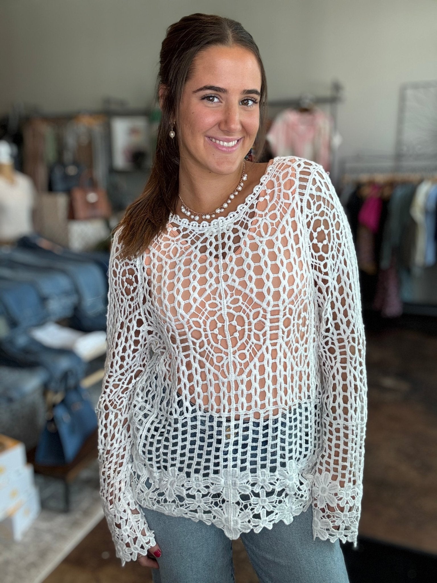 V - Neck Crochet Top With Floral Trim - Mainstream Boutique