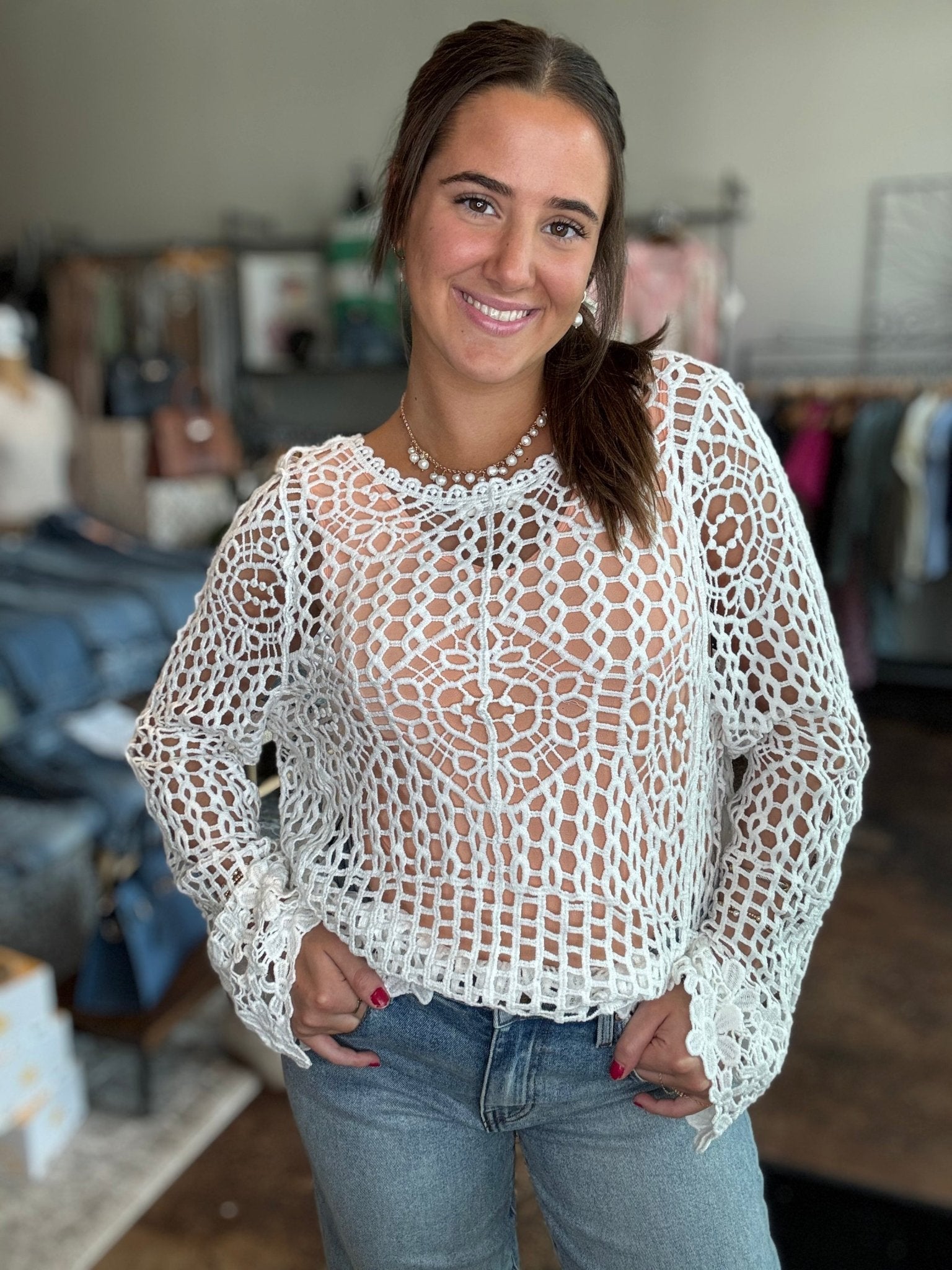 V - Neck Crochet Top With Floral Trim - Mainstream Boutique