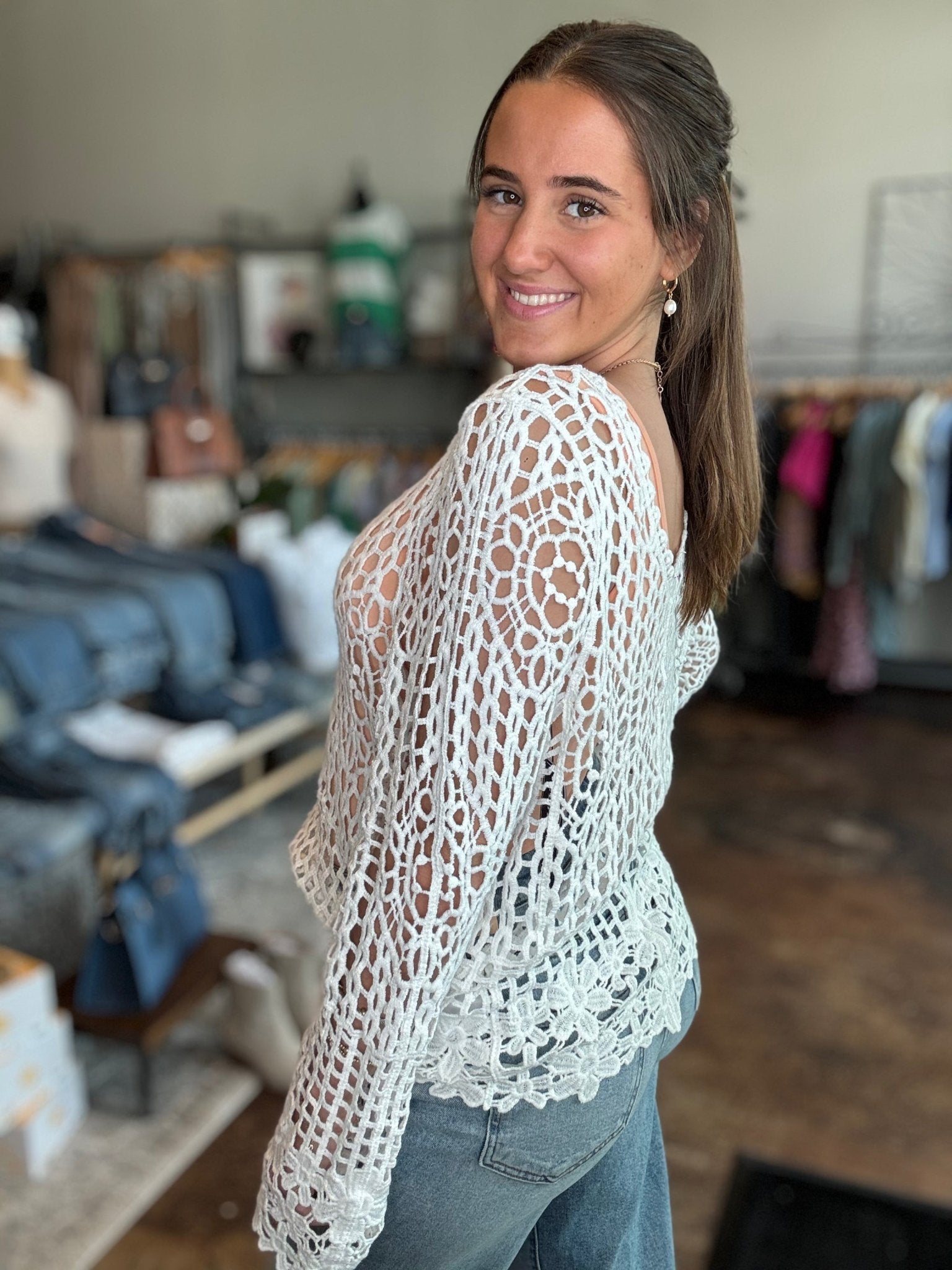 V - Neck Crochet Top With Floral Trim - Mainstream Boutique