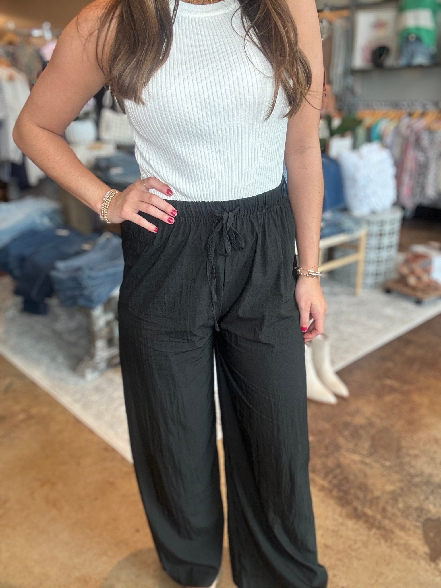 Tie Waist Crinkle Pants - Mainstream Boutique