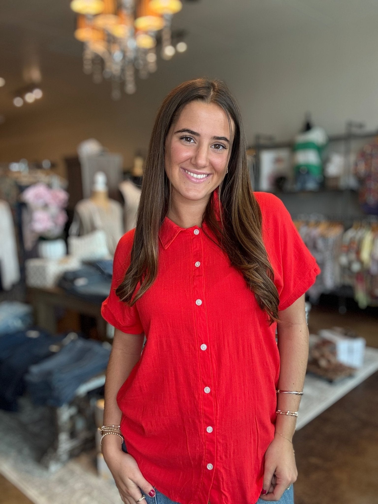 Drop Shoulder Button Down Woven Top - Mainstream Boutique