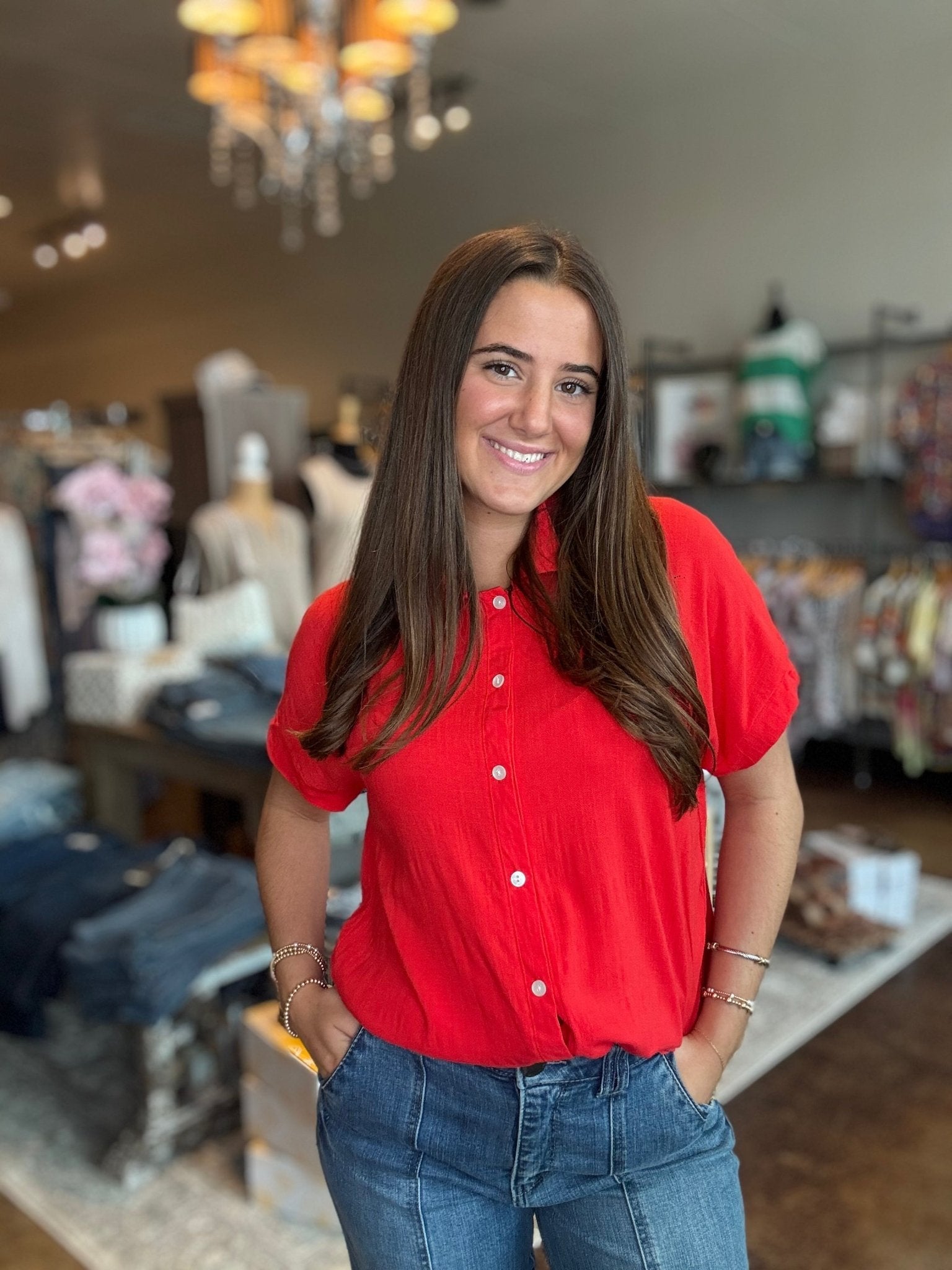 Drop Shoulder Button Down Woven Top - Mainstream Boutique