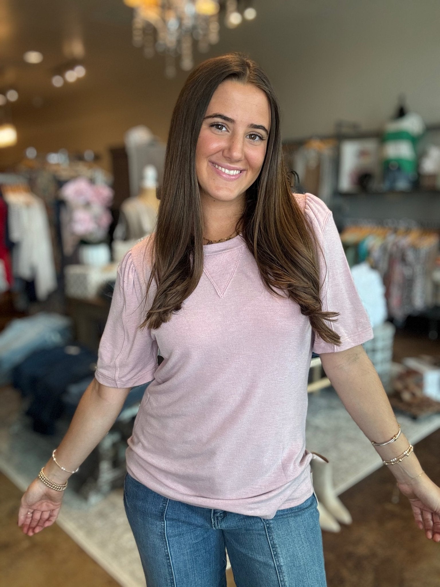 Puff Sleeve Crew Neck Top - Mainstream Boutique