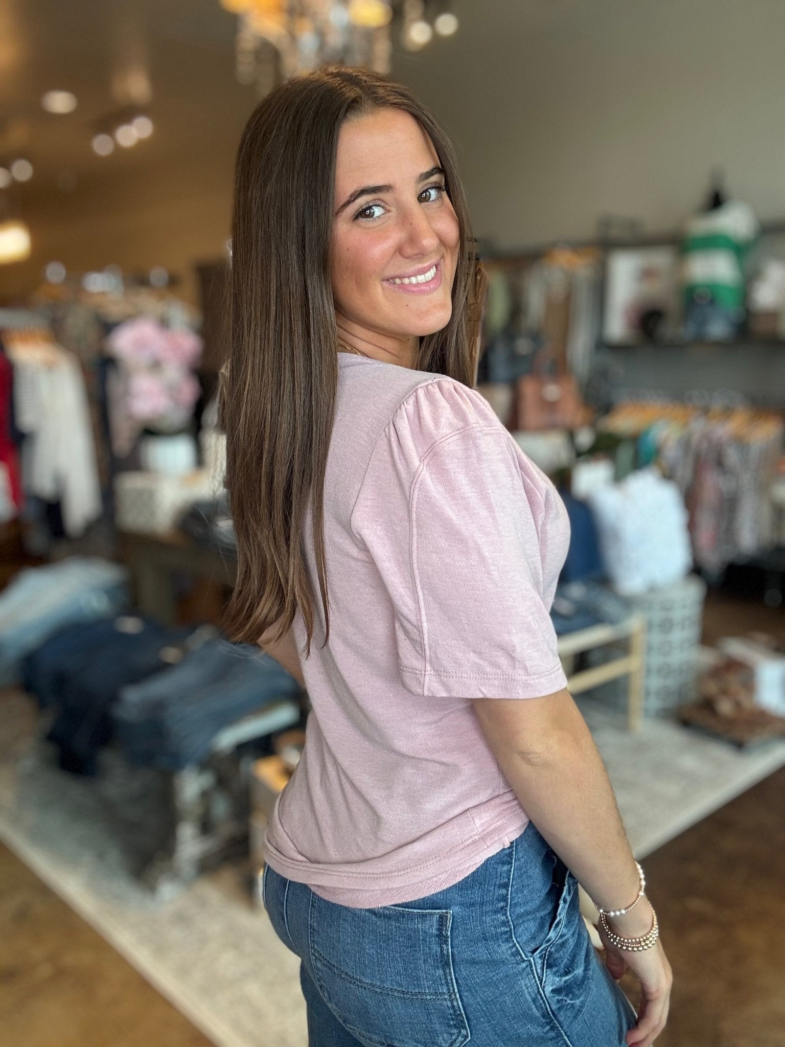 Puff Sleeve Crew Neck Top - Mainstream Boutique