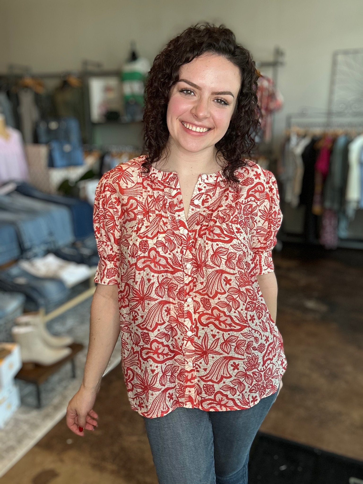 Botanical Print Pleated Blouse - Mainstream Boutique