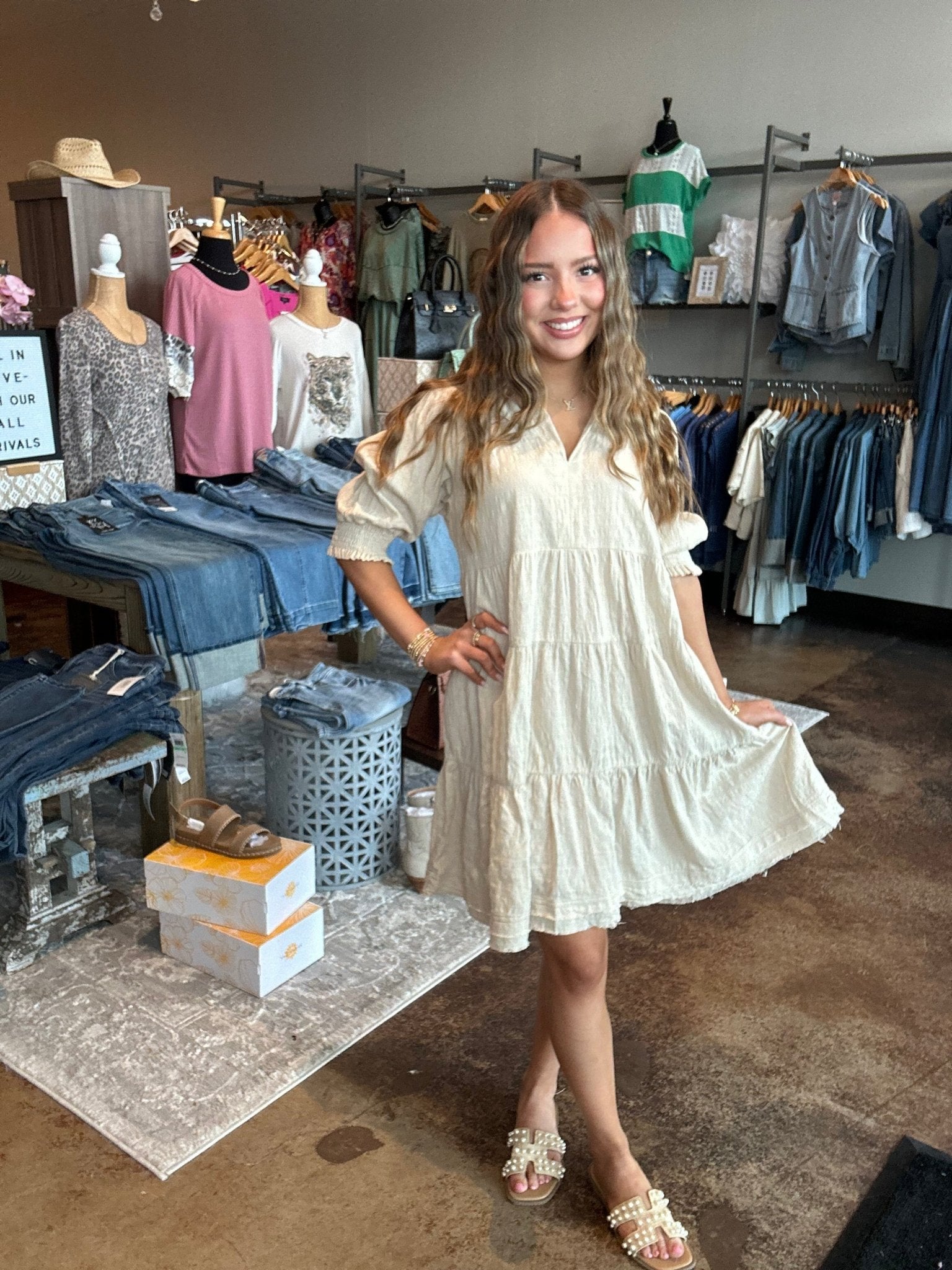 Collared V - Neck Puff Sleeve Dress - Mainstream Boutique