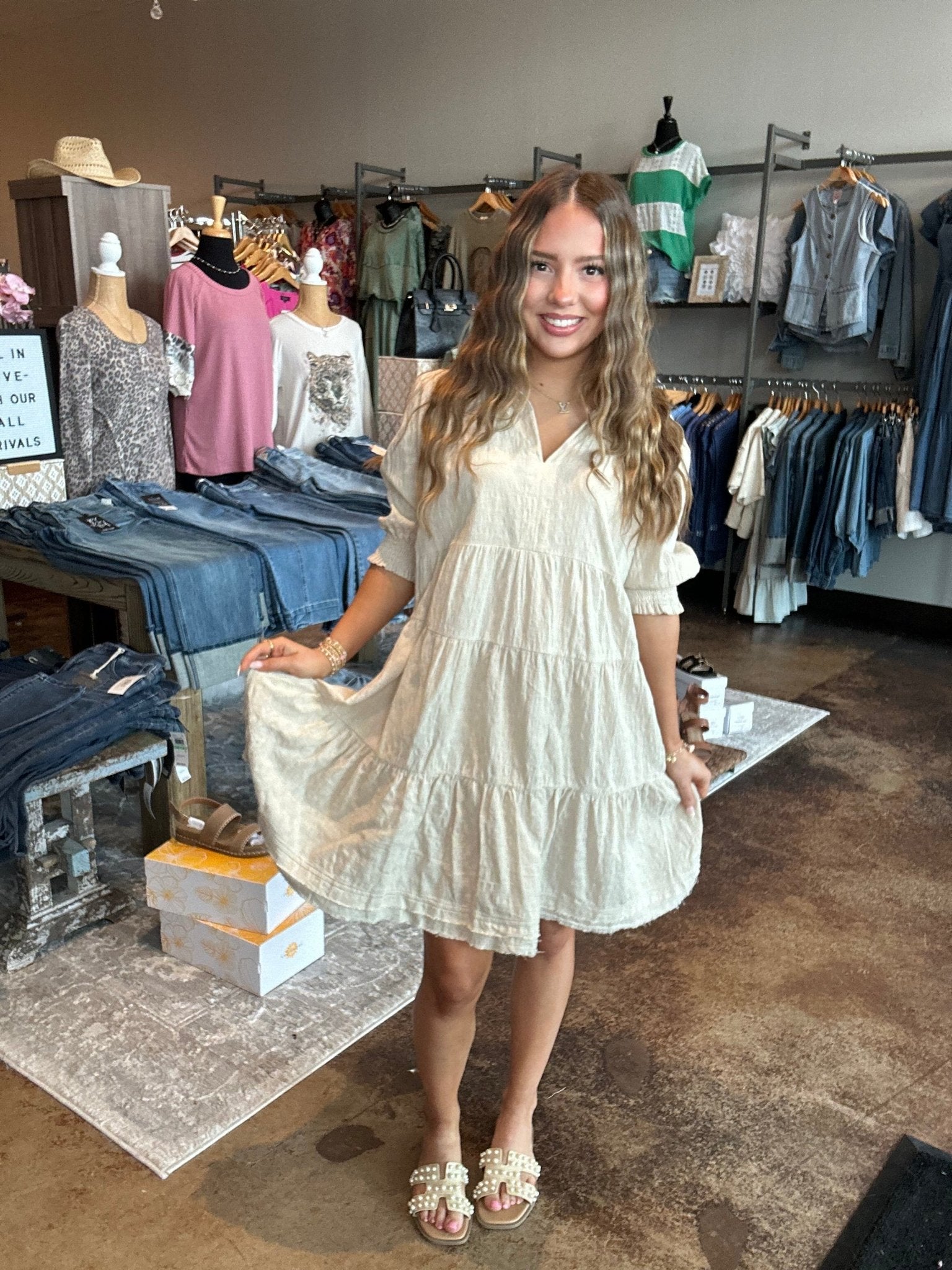 Collared V - Neck Puff Sleeve Dress - Mainstream Boutique