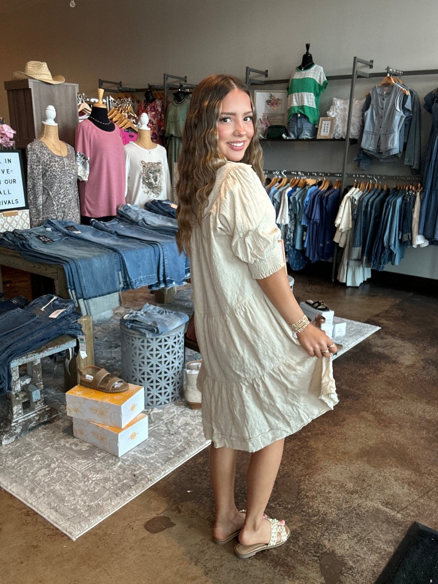 Collared V - Neck Puff Sleeve Dress - Mainstream Boutique