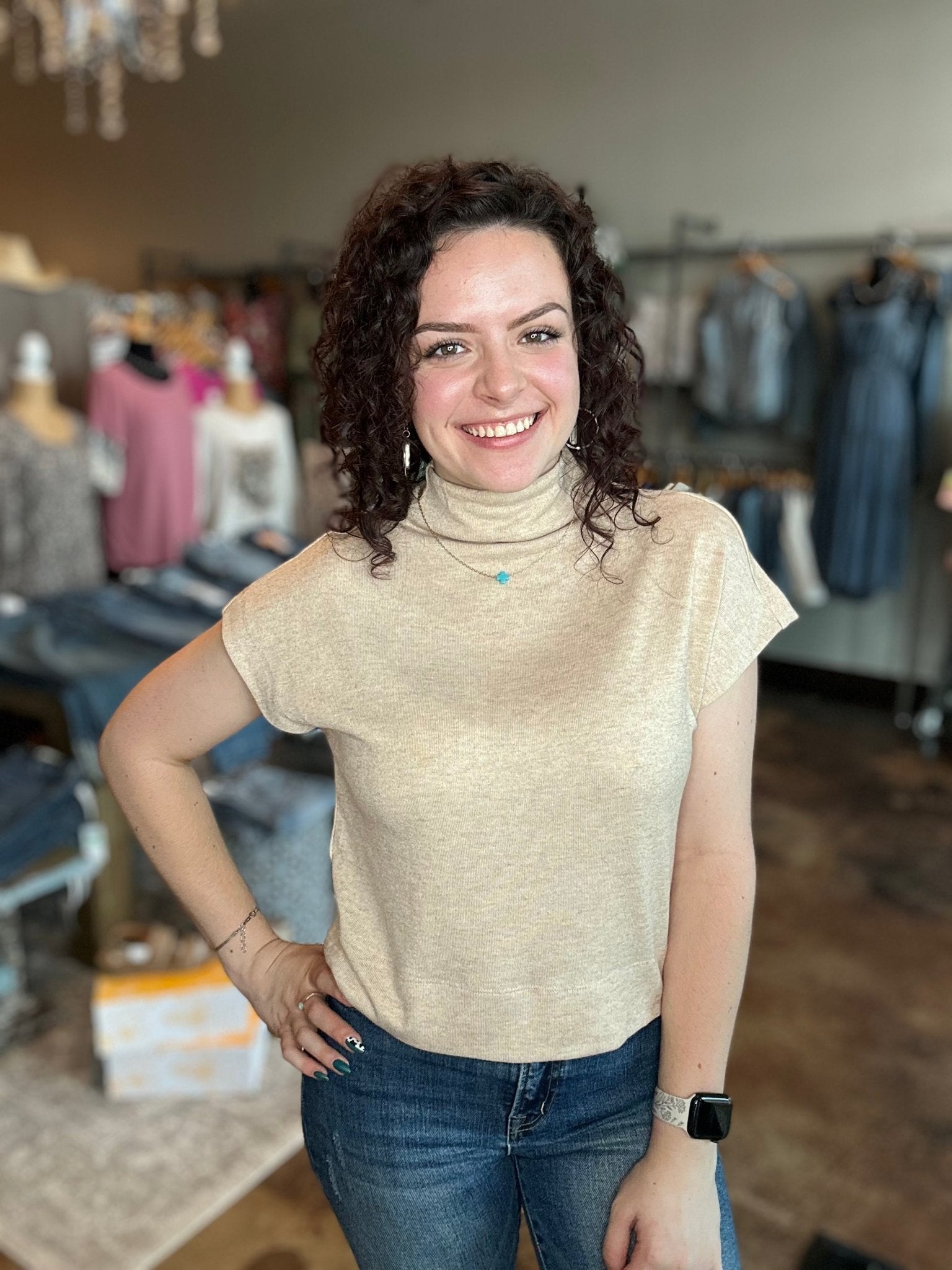 Cap Sleeve Mock Neck Knit Top - Mainstream Boutique