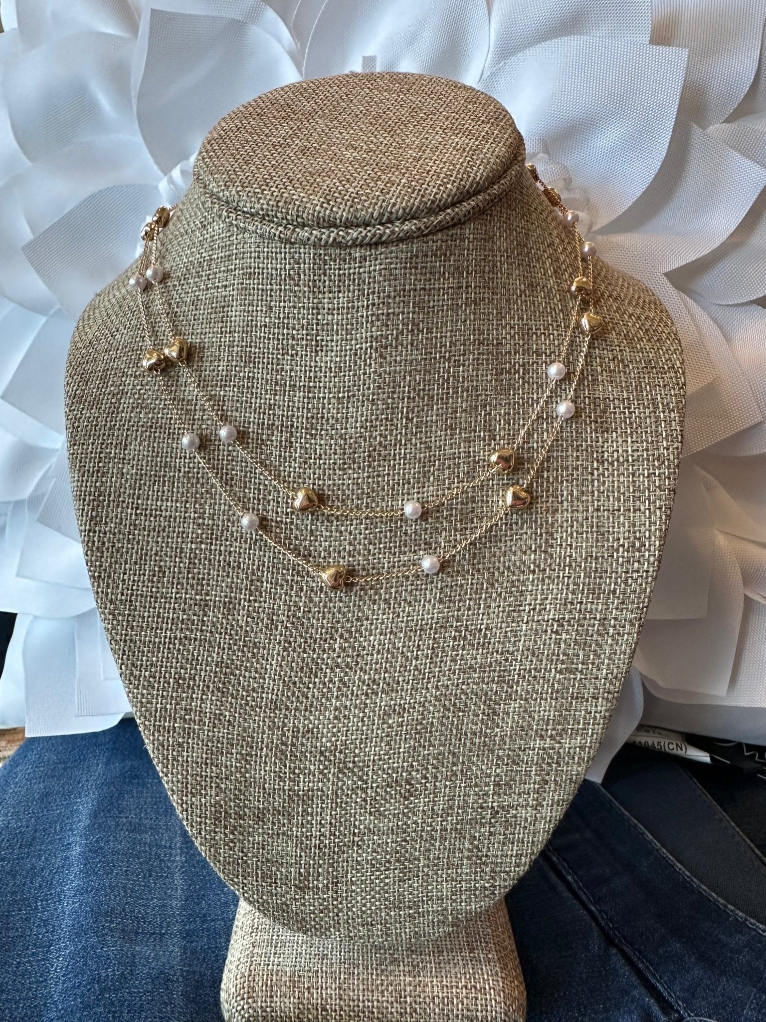 Heart And Pearl Double Layered Necklace And Stud Earring Set - Mainstream Boutique
