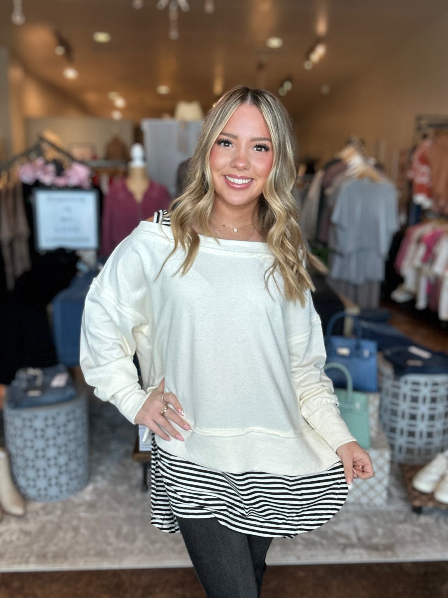 Striped Double Layer Knit Pullover - Mainstream Boutique