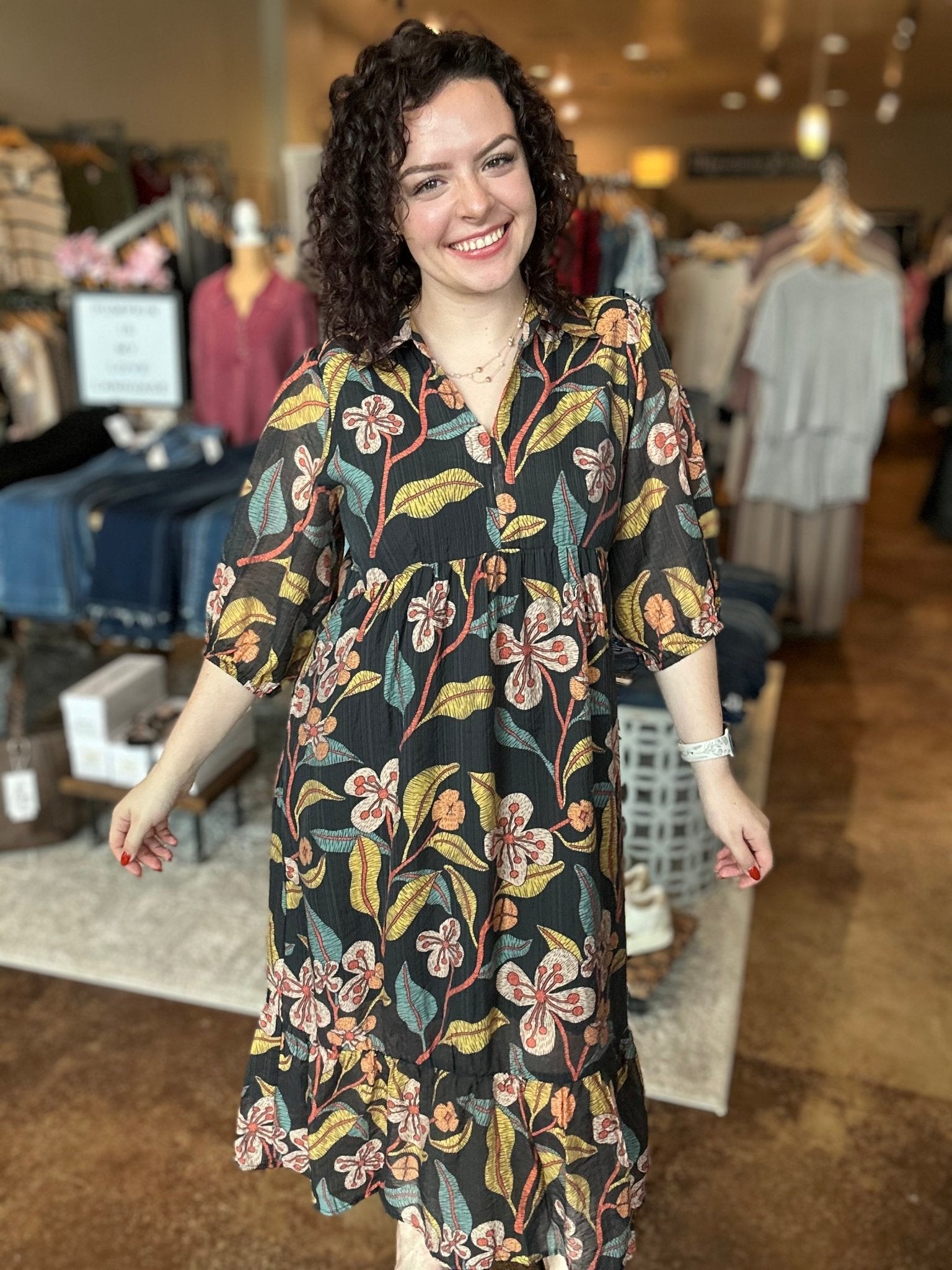 V - Neck Tiered Midi Dress - Mainstream Boutique